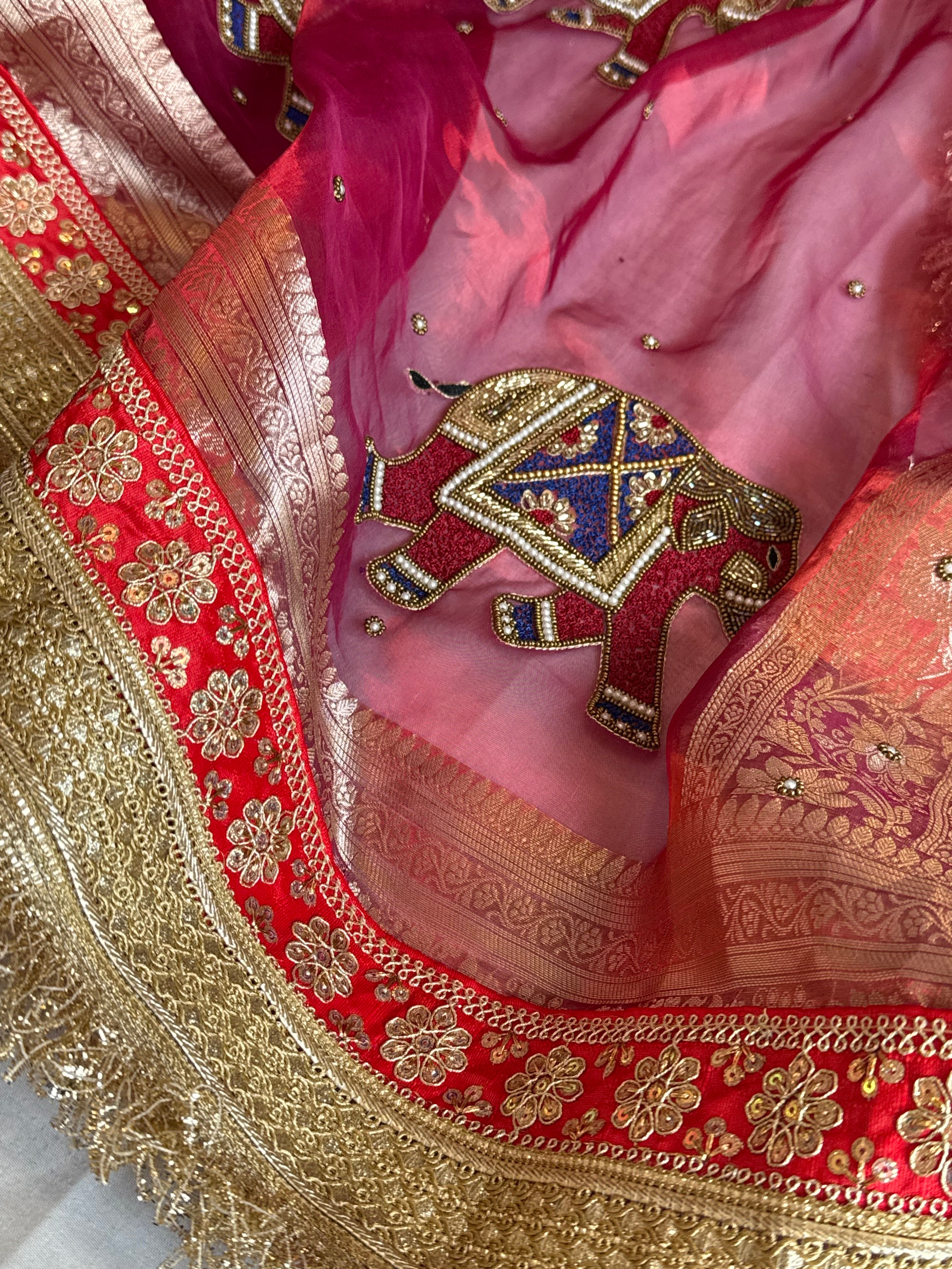 Elephant motif cranberry metallic red husn tissue silk hand embroidered saree