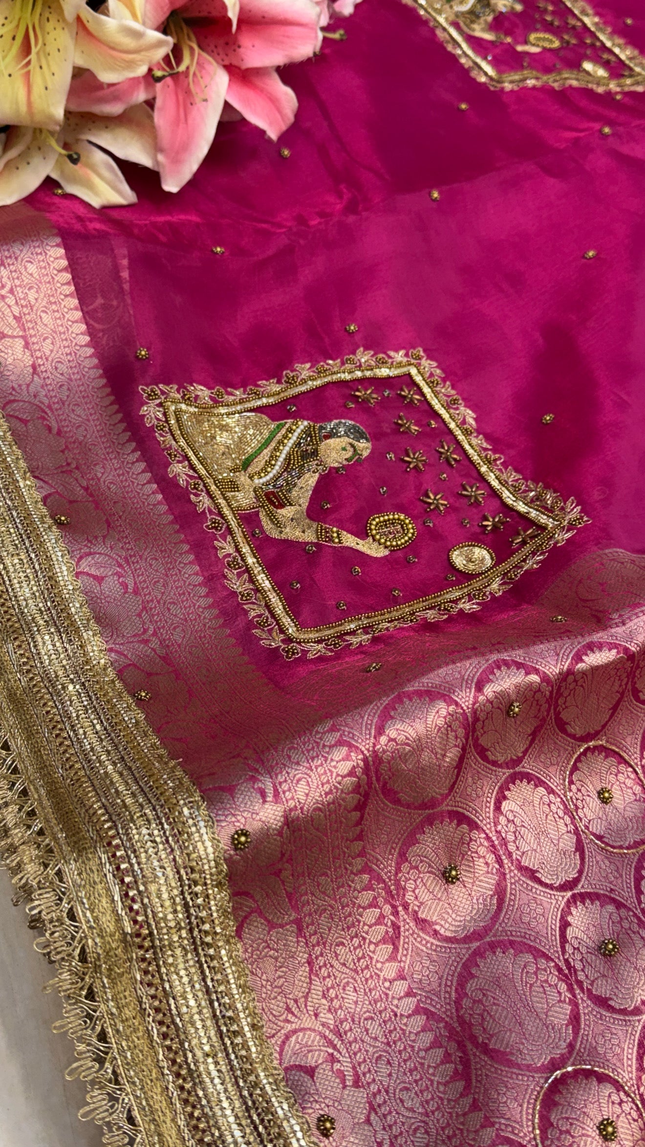 Karwachauth special - Hot metallic pink tissue silk hand embroidered kadhwa saree