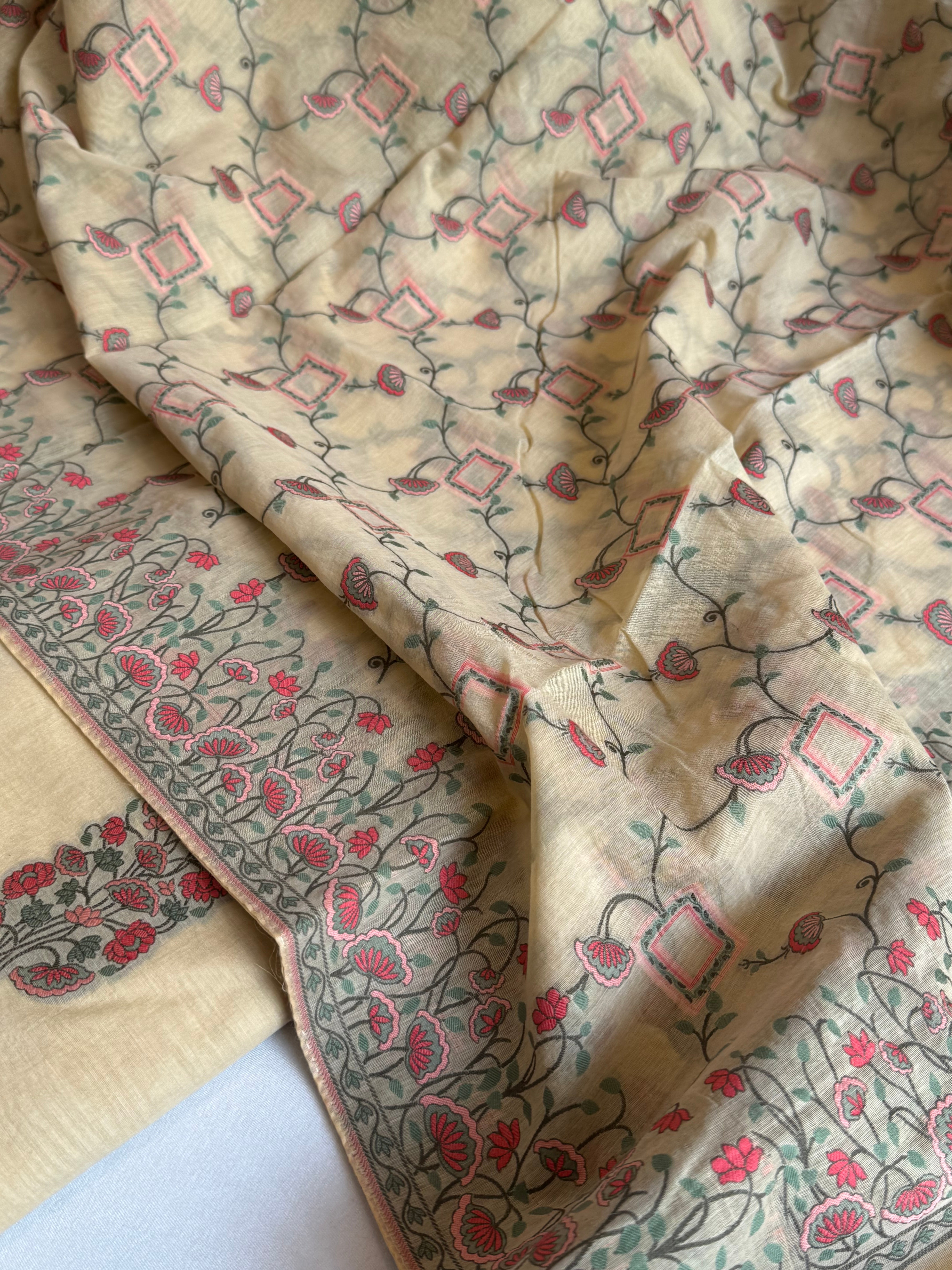 Ivory banarasi cotton resham meenakari kadhwa suit set