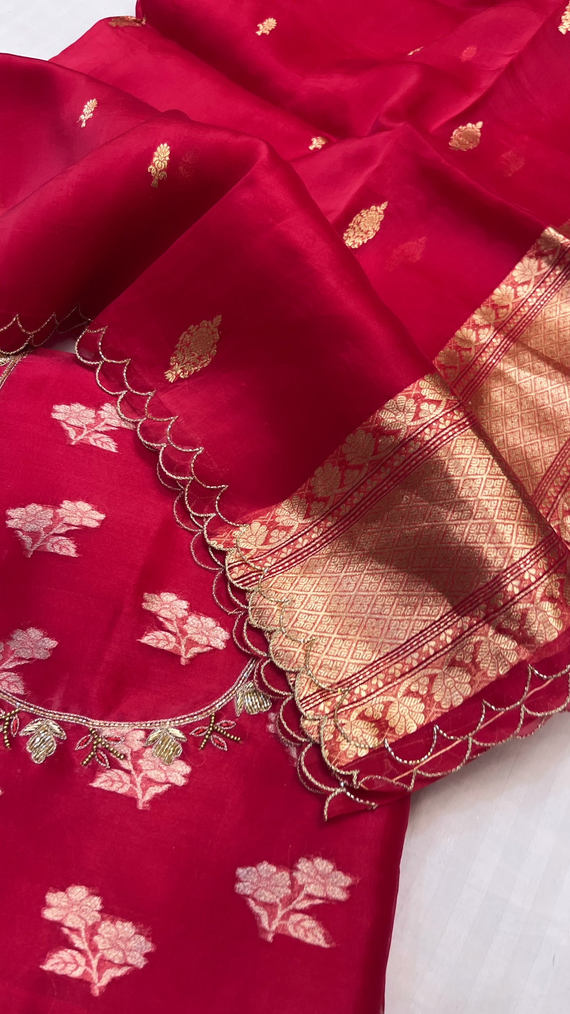 Heeramandi red kora silk hand embroidered kadhwa suit set