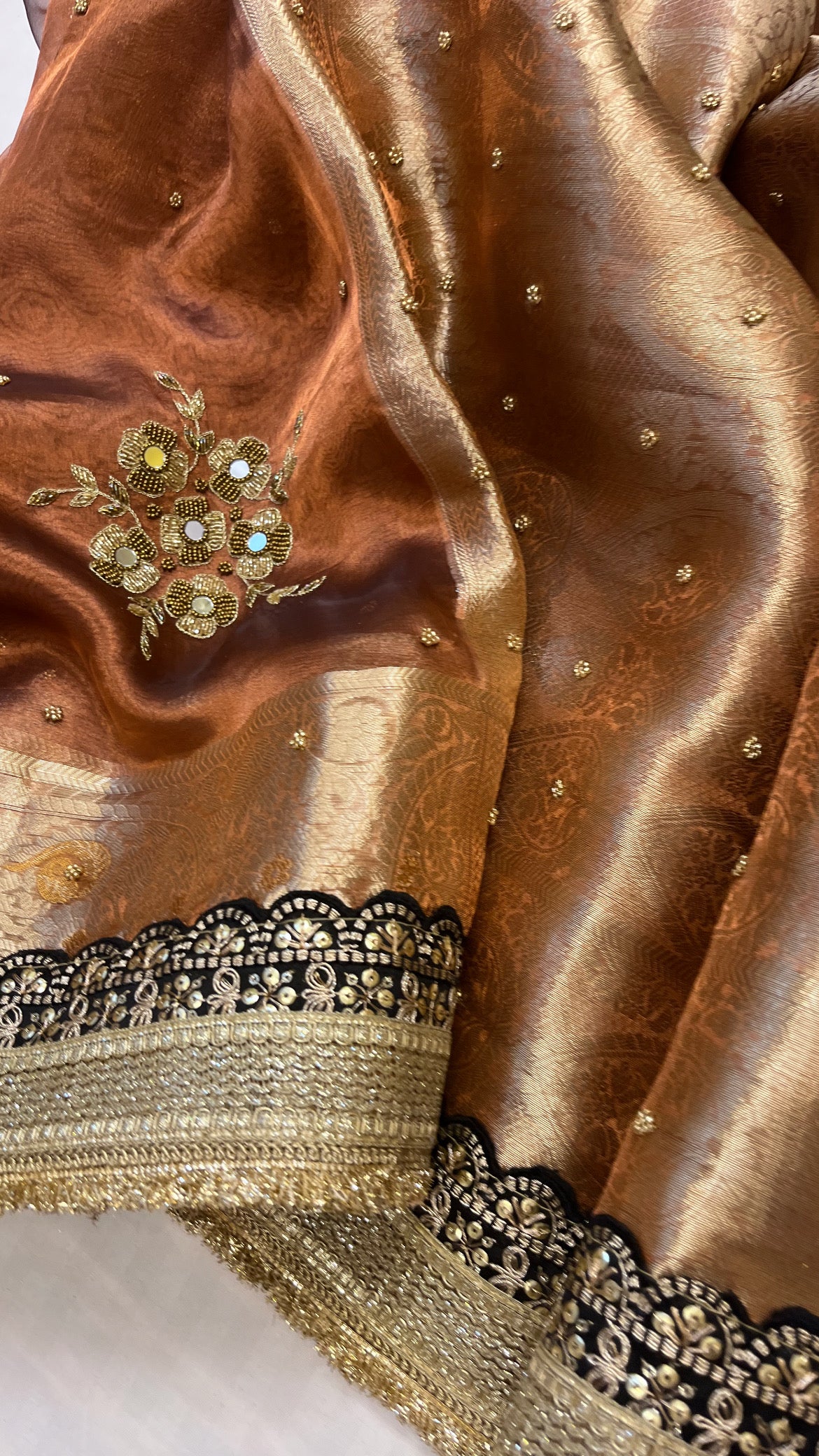 Husn chocolate brown tissue silk hand embroidered saree