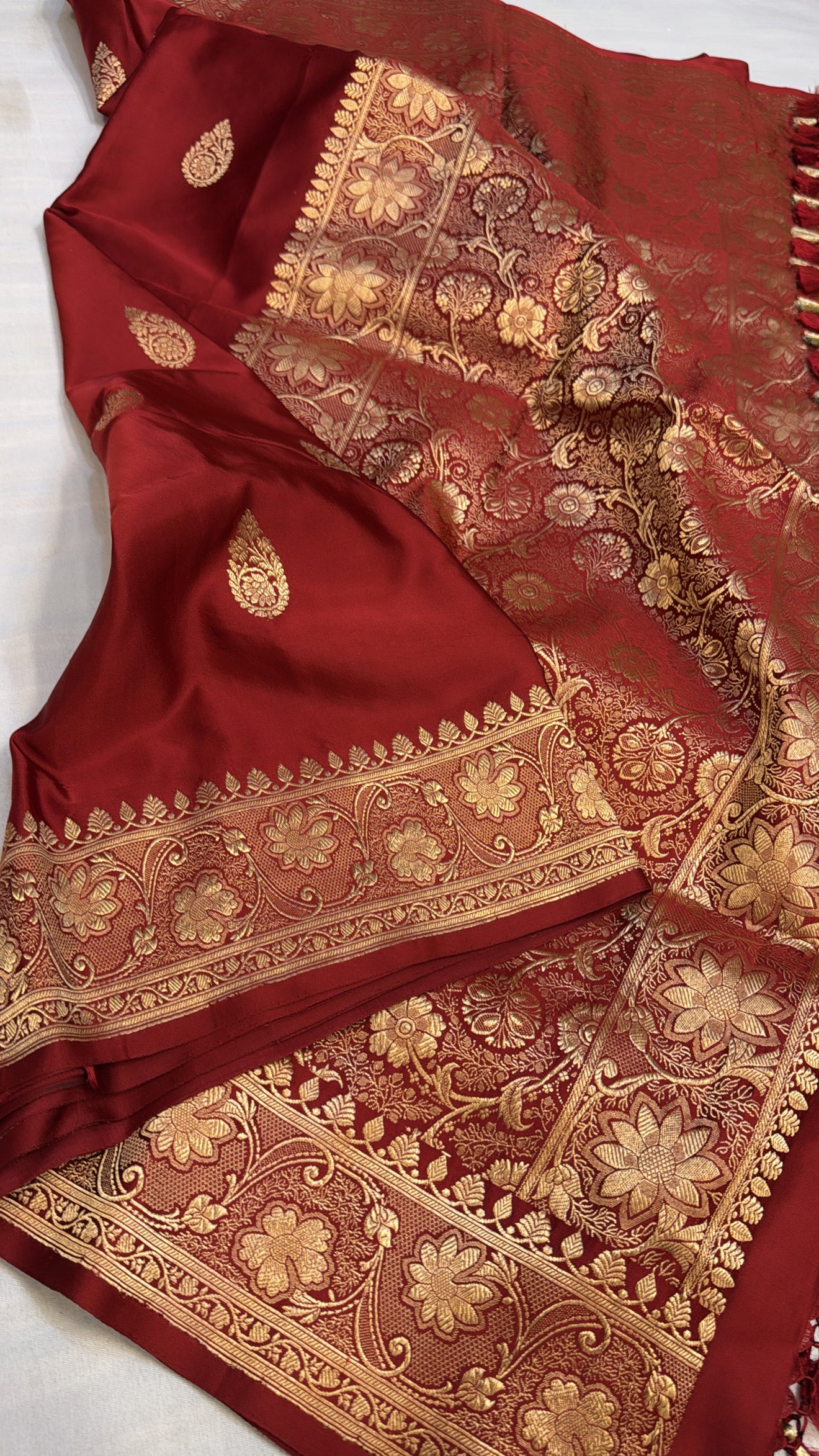 Mashru satin silk maroonish red banarasi saree