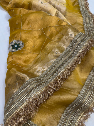 Cocktail wali saree - Metallic gold tissue silk heavy hand embroidered saree