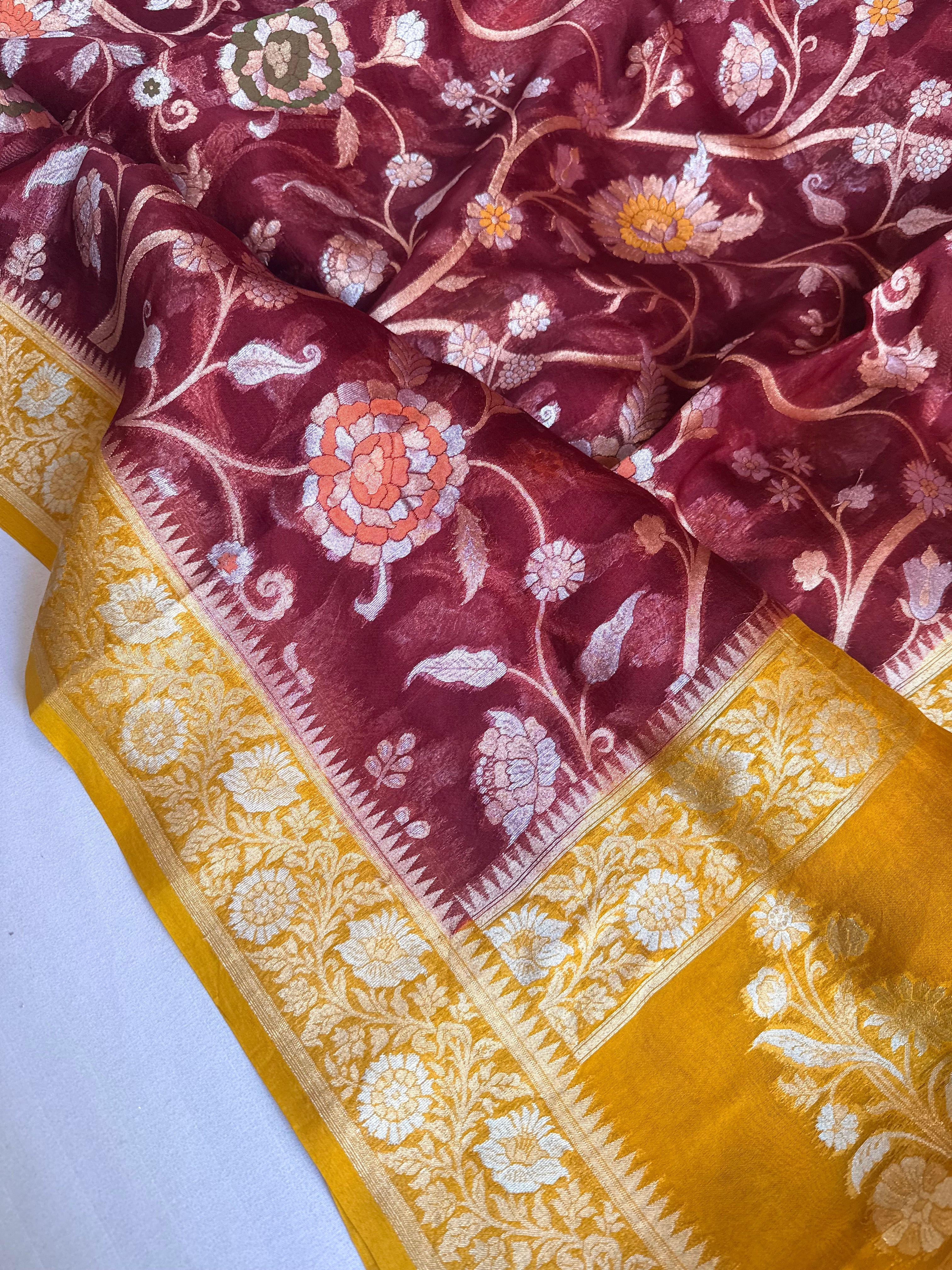 Kora silk iktara kadhwa meenakari jamdani with contrast pallusaree