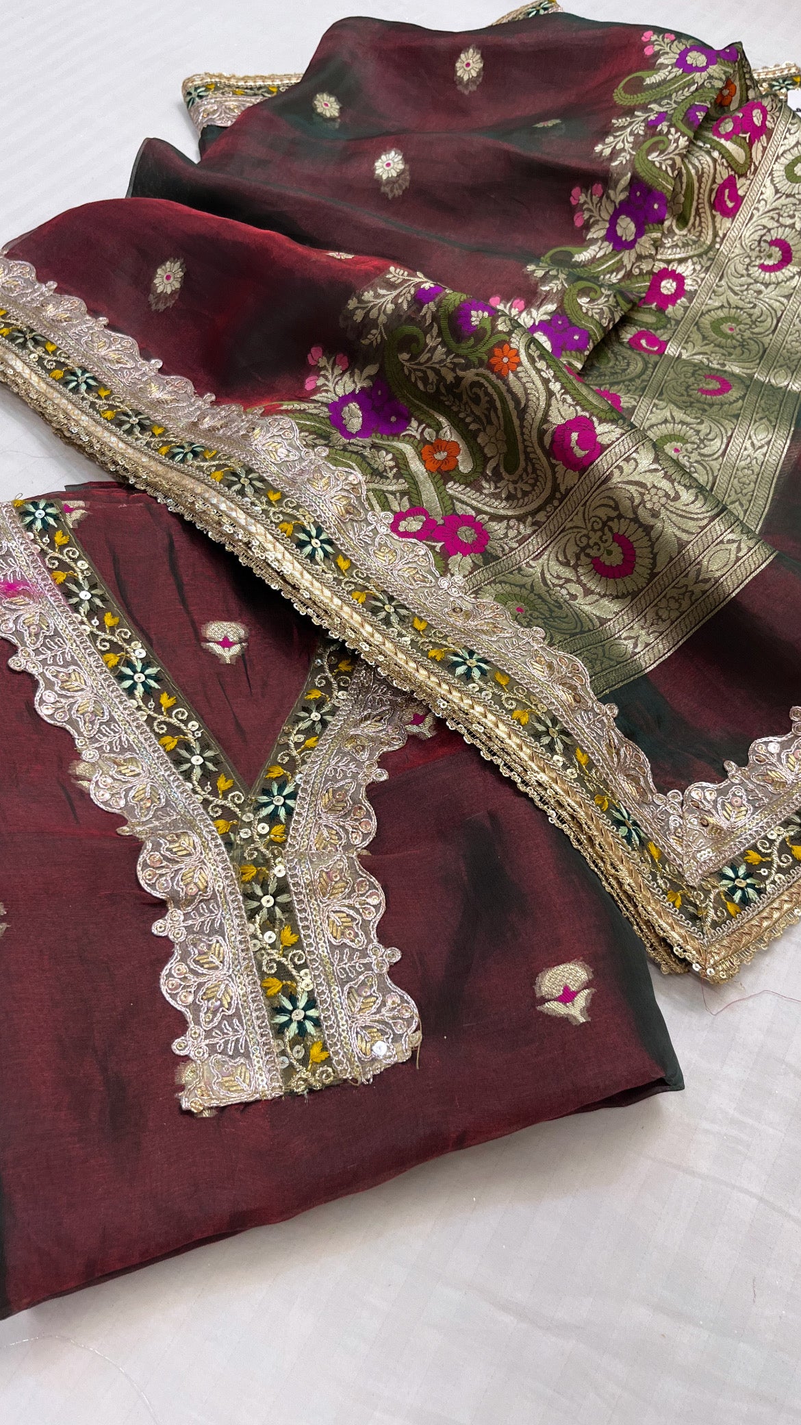 Heeramandi blood maroon tissue silk meenakari suit set