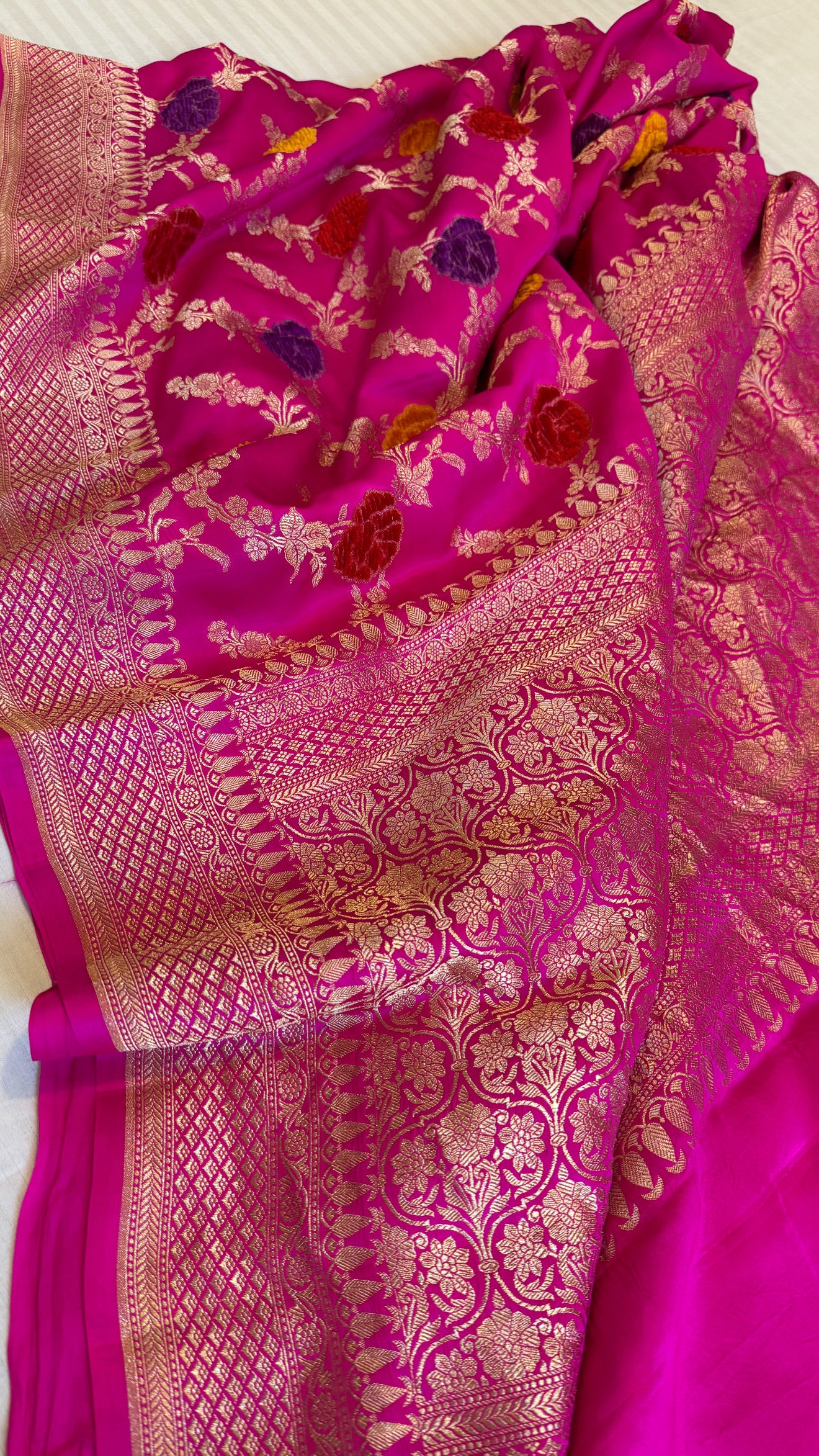 Hot pink banarasi mashru silk velvet buti kadhwa weaving saree