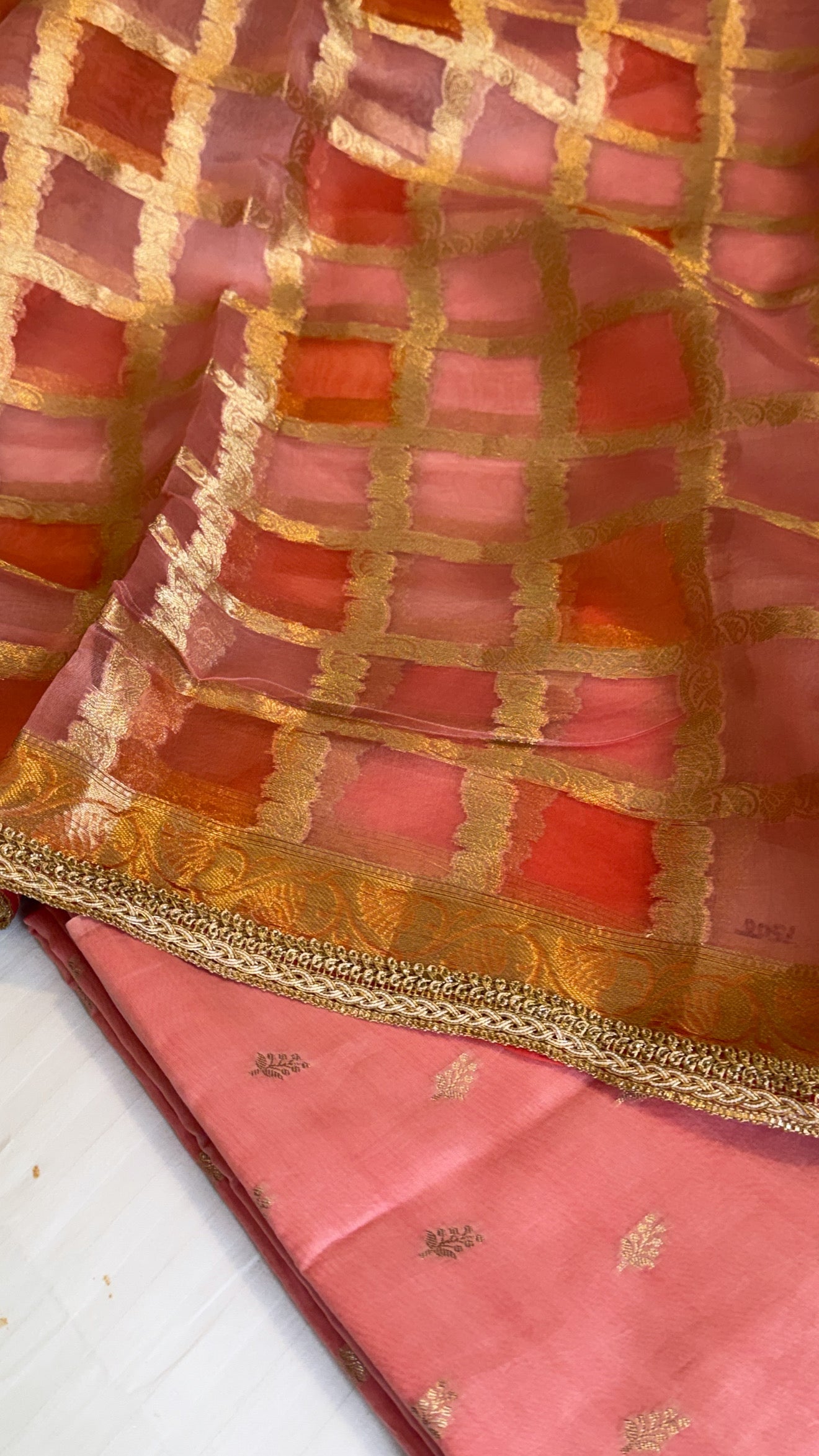 Shades of peach - Kora silk rangkaat kadhwa duppata paired silk kurta set
