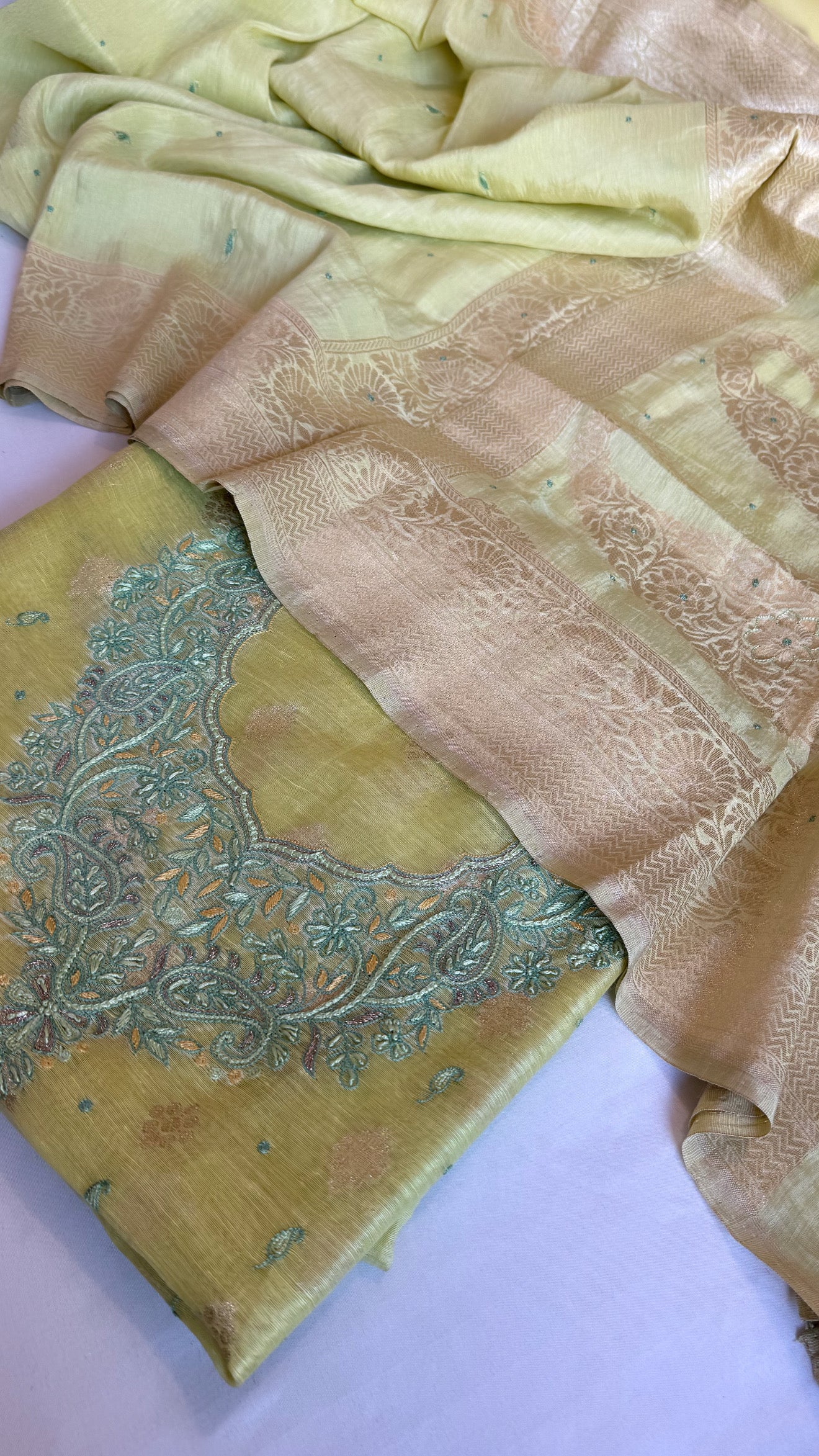 Lime green resham thread hand embroidered linen gorgette suit set