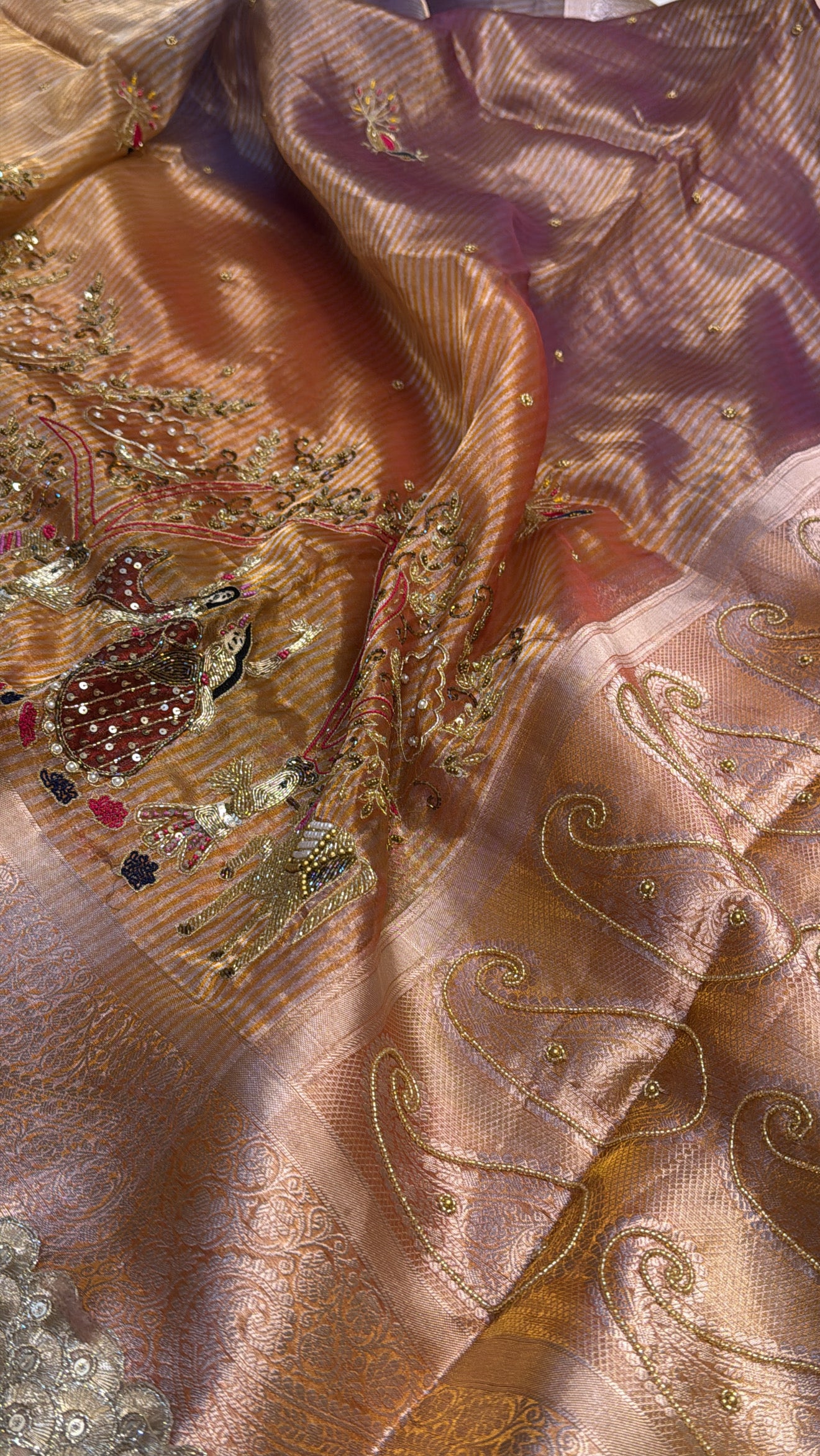 Rasleela hand embroidered husn peachy ombre shaded tissue silk saree