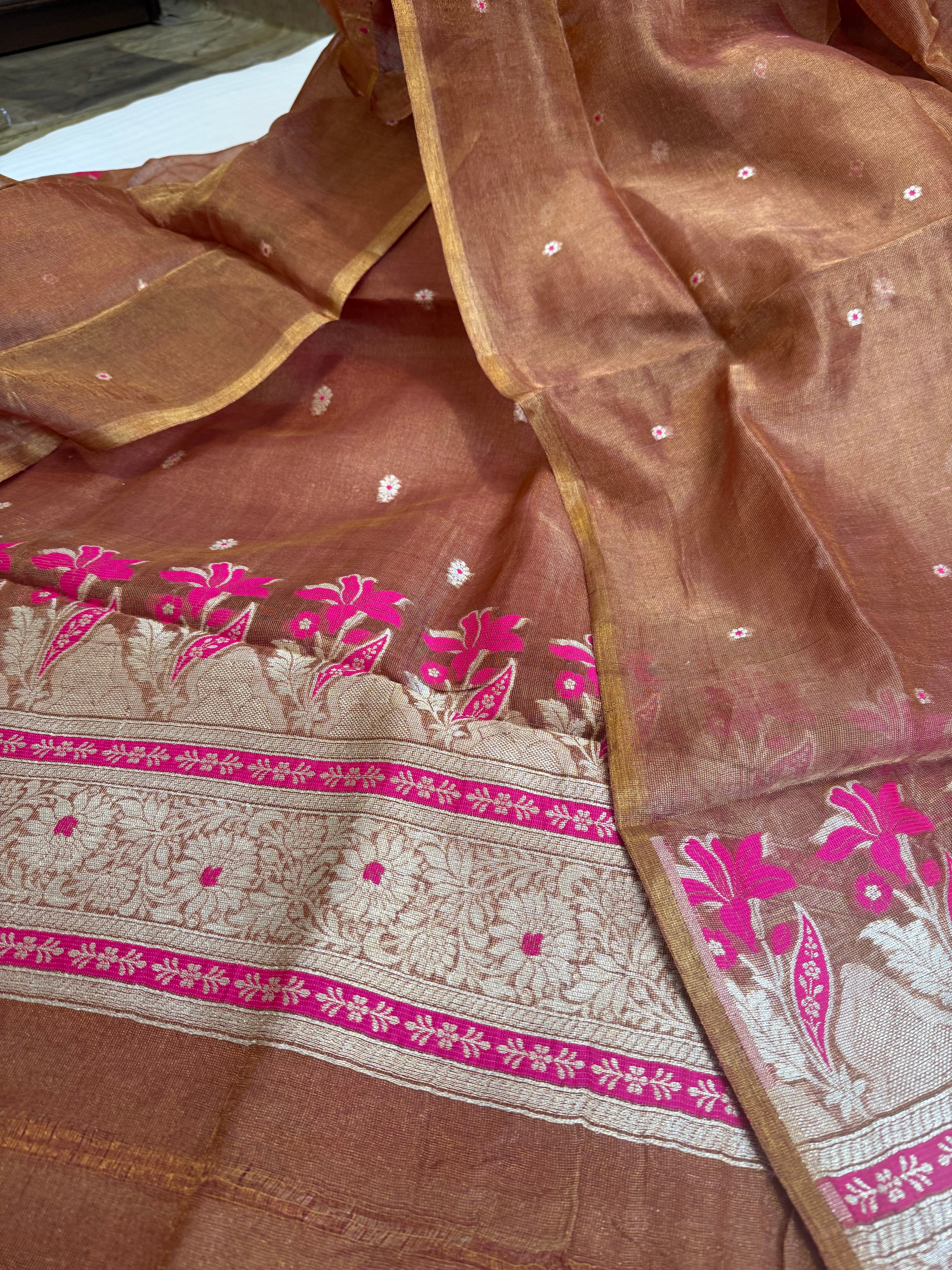 Linen tissue rust orange kadhwa meenakari suit sets