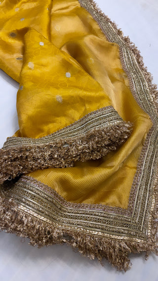 Maharani haldi yellow tissue silk tanchoi kadhwa saree