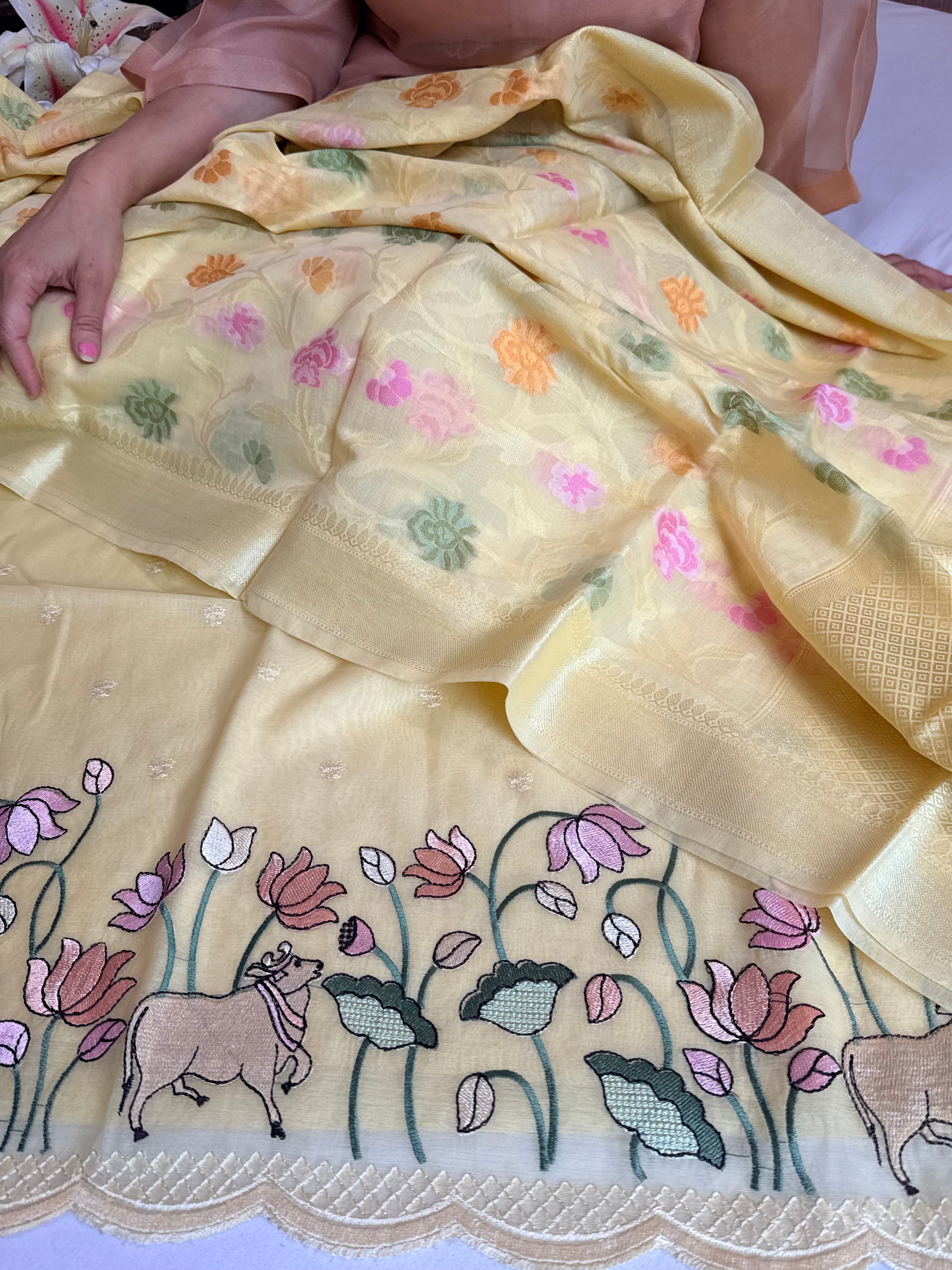 BELOW 8K - Lime shade mul cotton silk resham work banarasi suit set