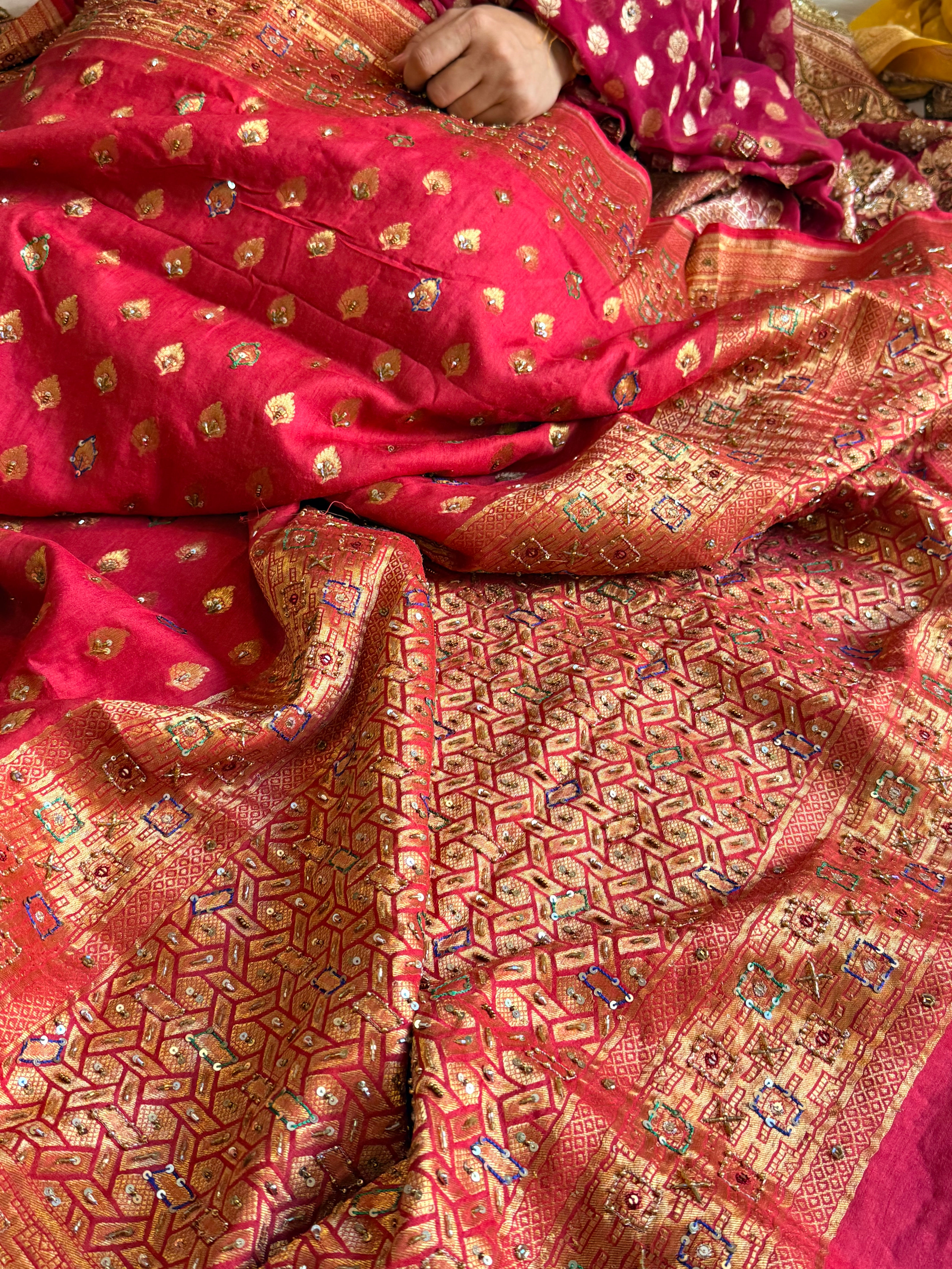 Banarasi moonga silk deep red hand embroidered kadhwa saree