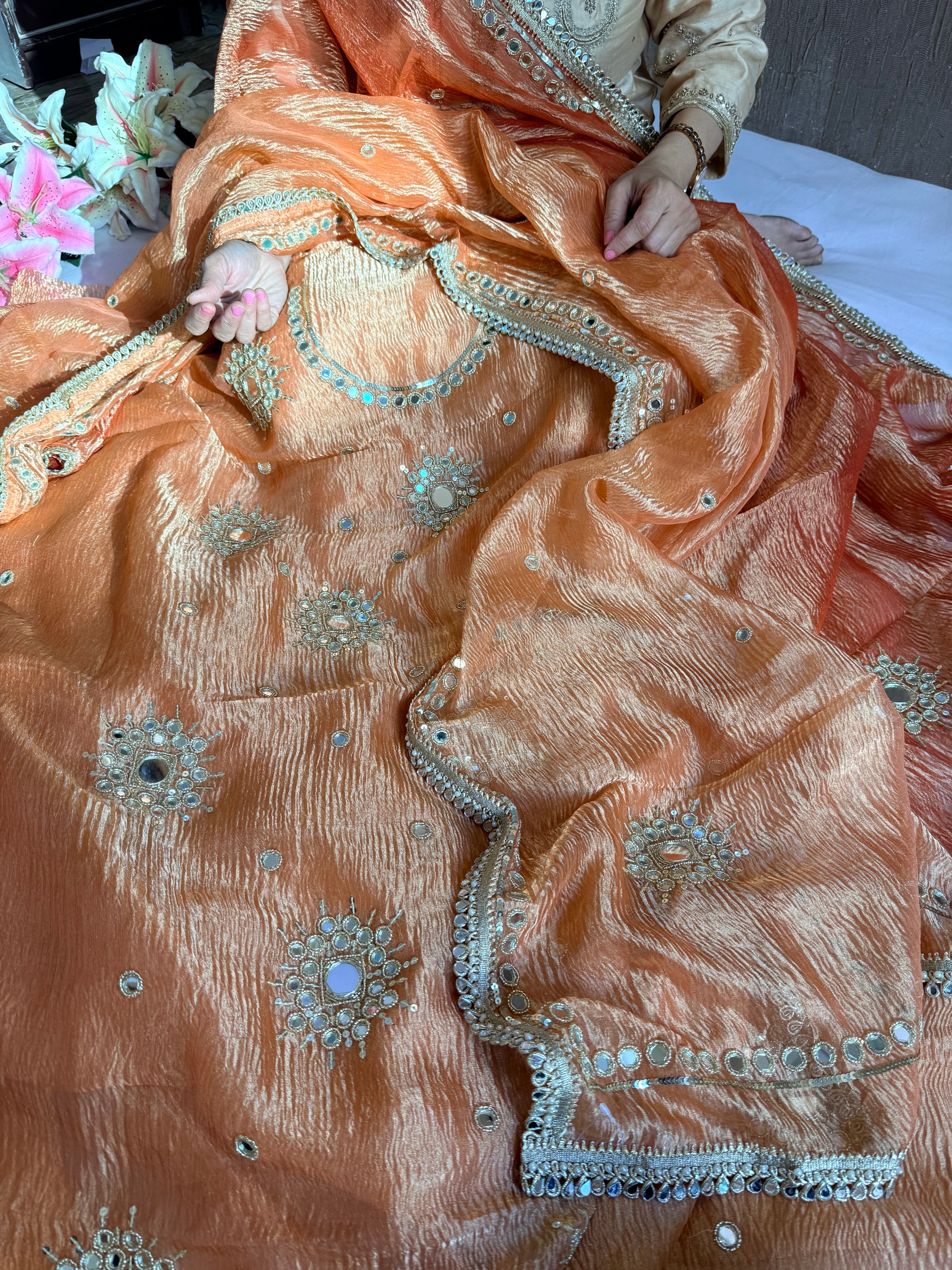 Banarasi tissue silk mirrorwork hand embroidered crushed suit sets