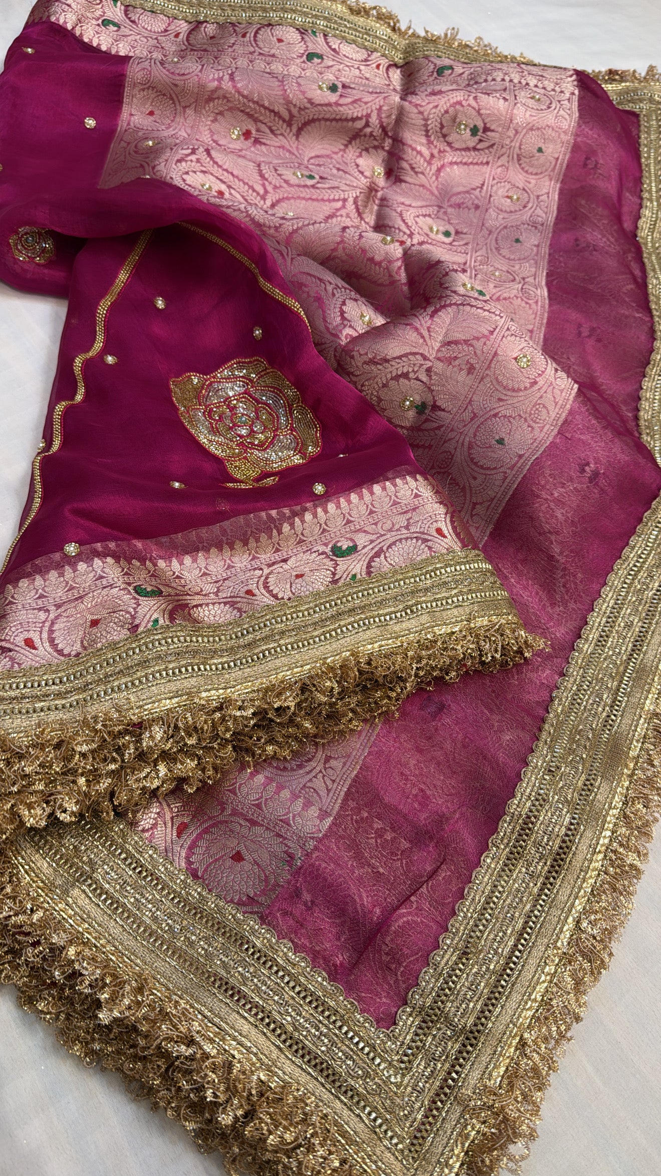 Cranberry pink tissue silk heavy hand embroidered kadhwa saree