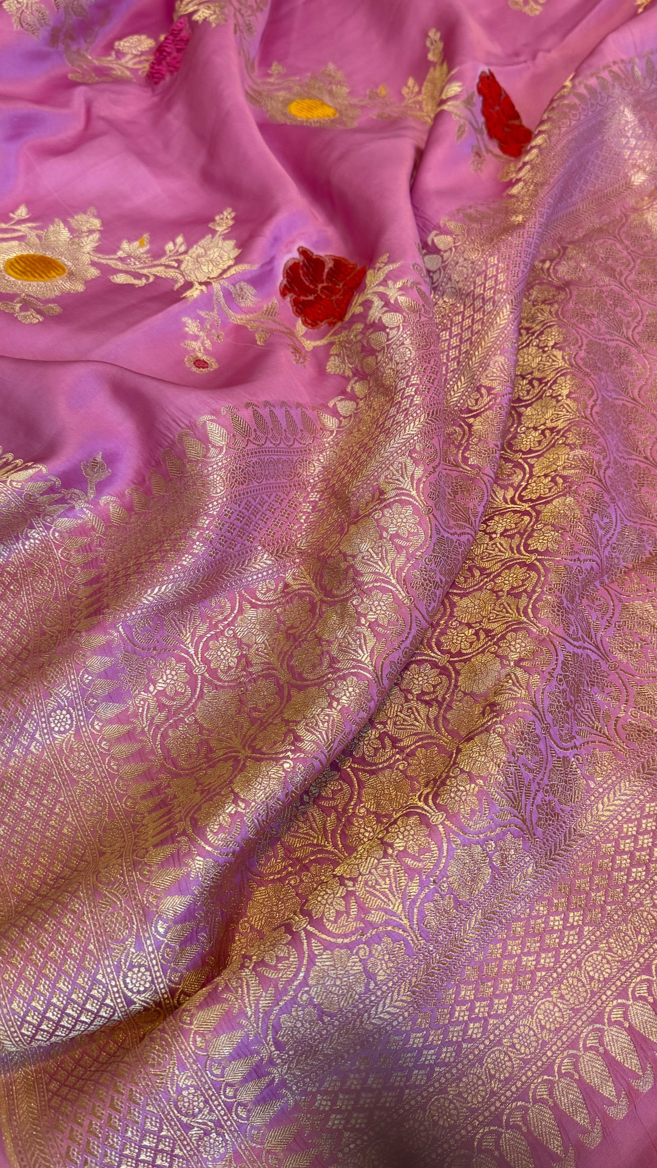 Blush pink banarasi mashru silk velvet buti kadhwa weaving saree