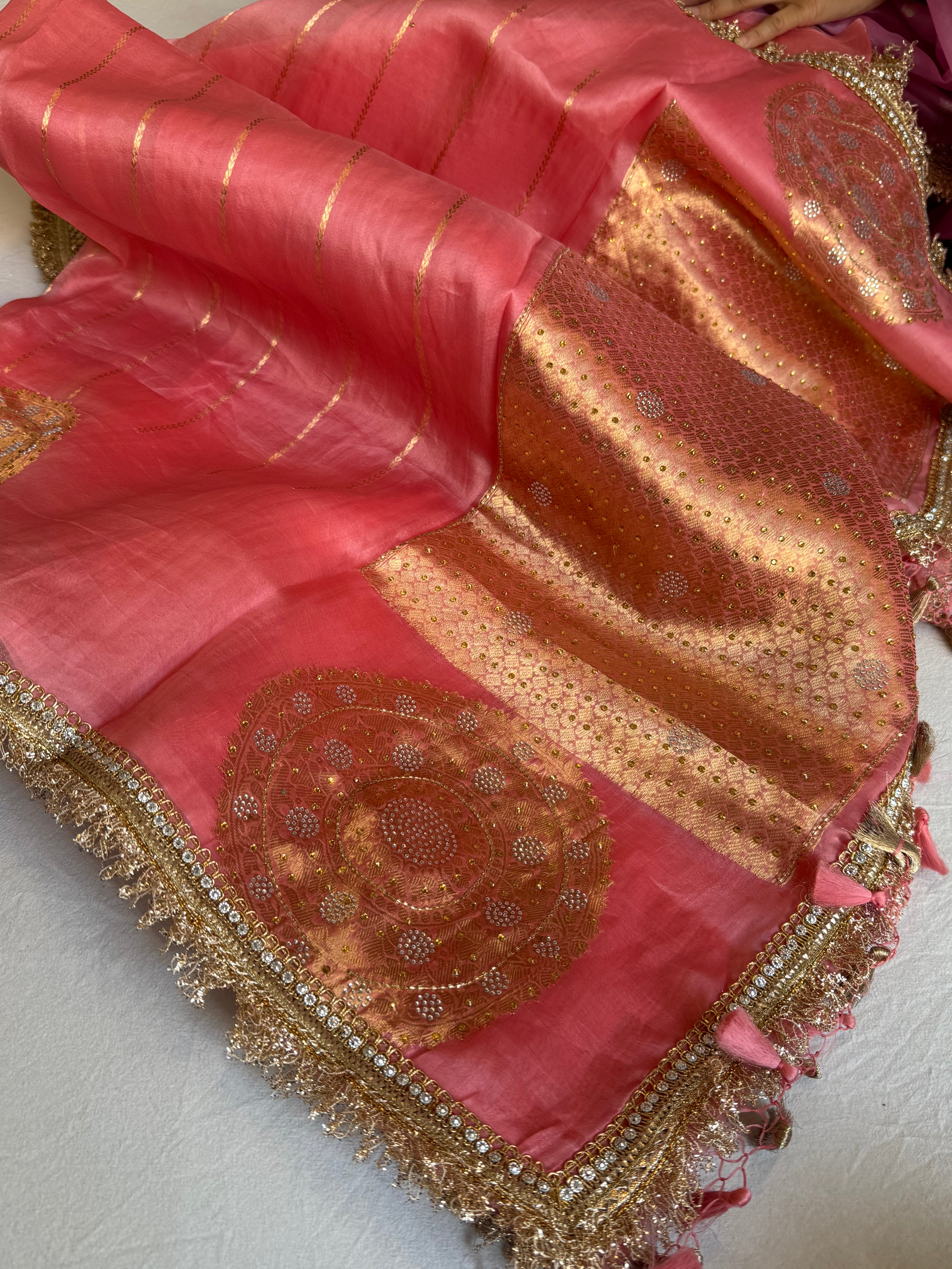 Gajri pink banarasi kora silk heavy sitara stonework kadhwa gotapatti saree