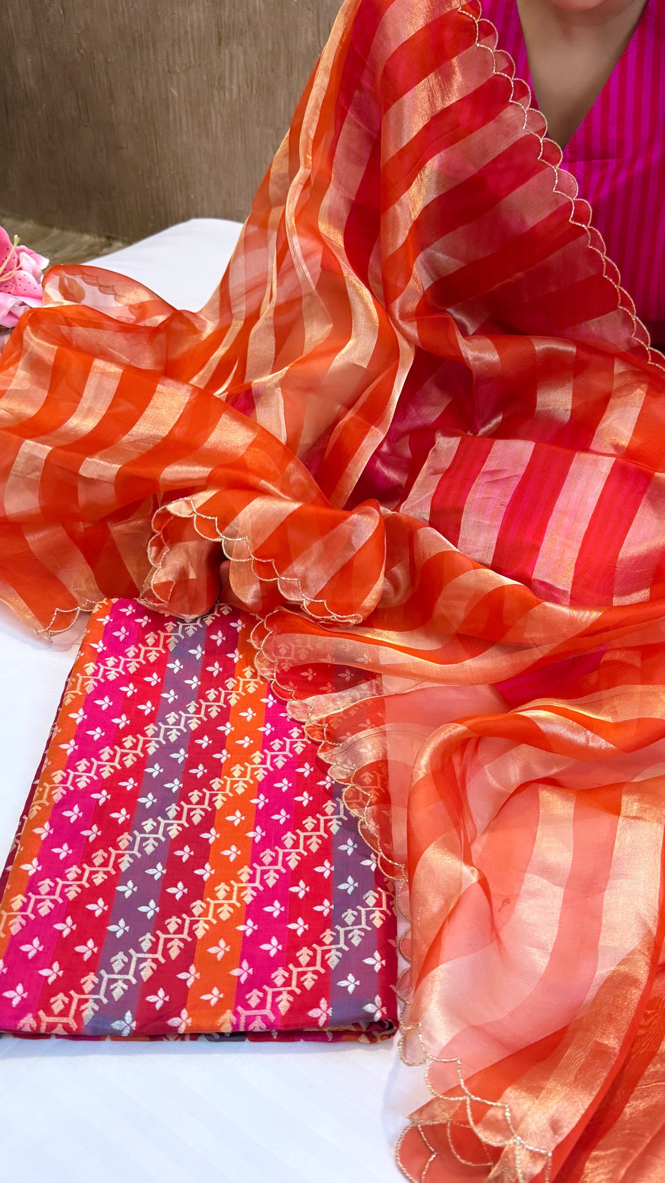 Katan silk rangkaat weaving kurta paired with Kora tissue striped duppata set