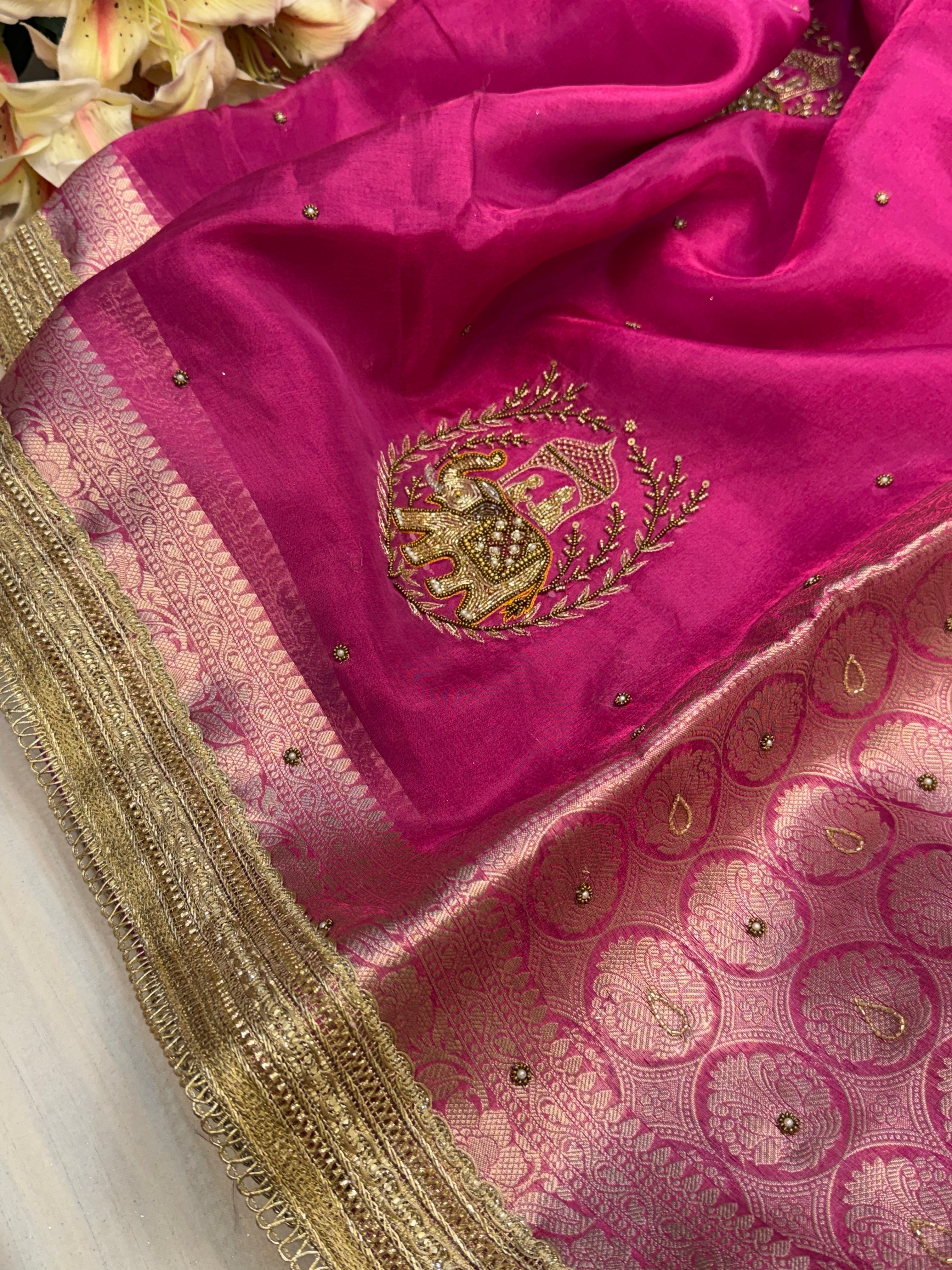 Karwachauth special - Hot pink tissue silk elephant motif hand embroidered kadhwa saree