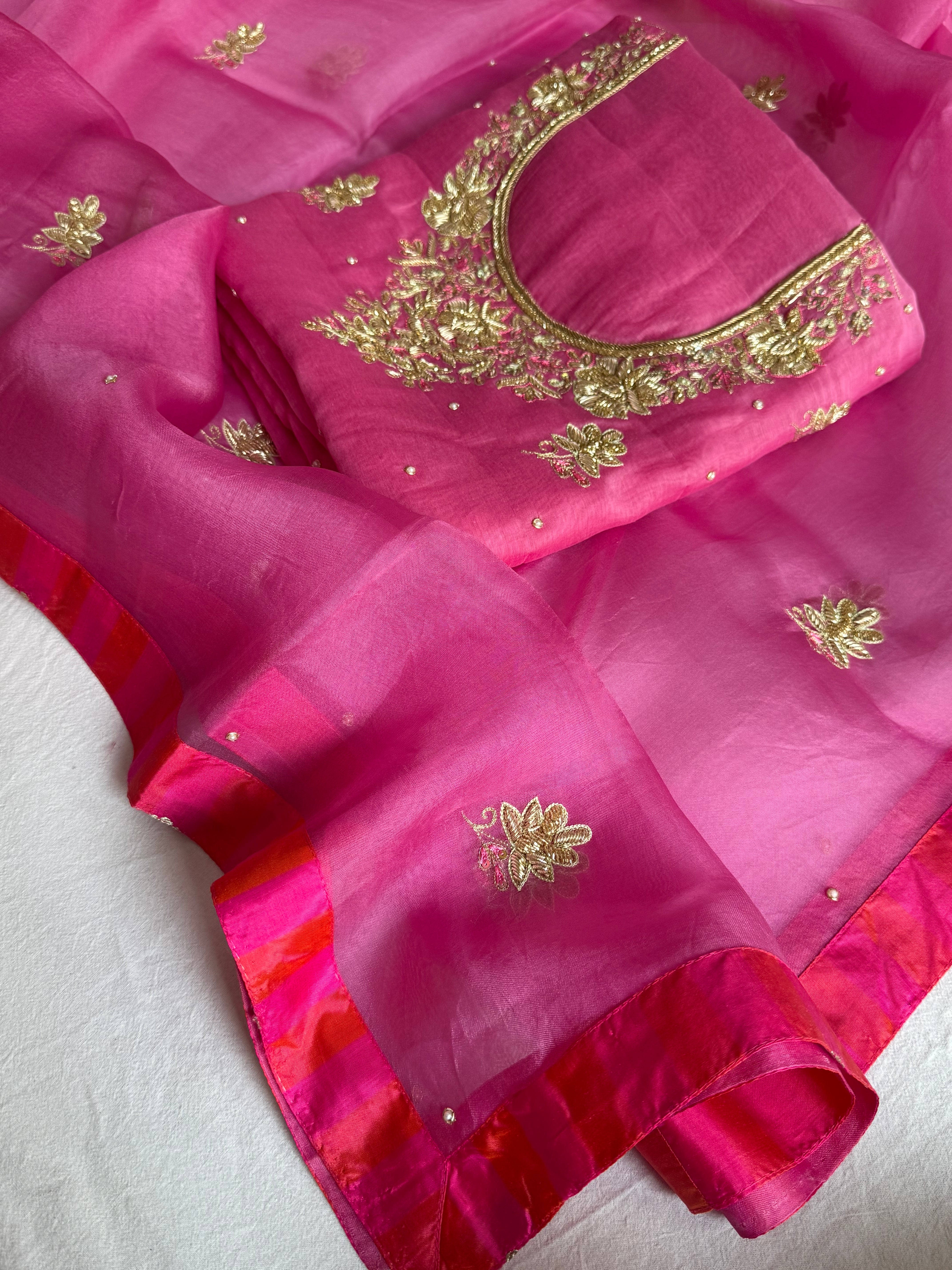 Banarasi formal wear mul cotton candy pink hand embroidered kurta paired with kora silk banarasi border duppata set