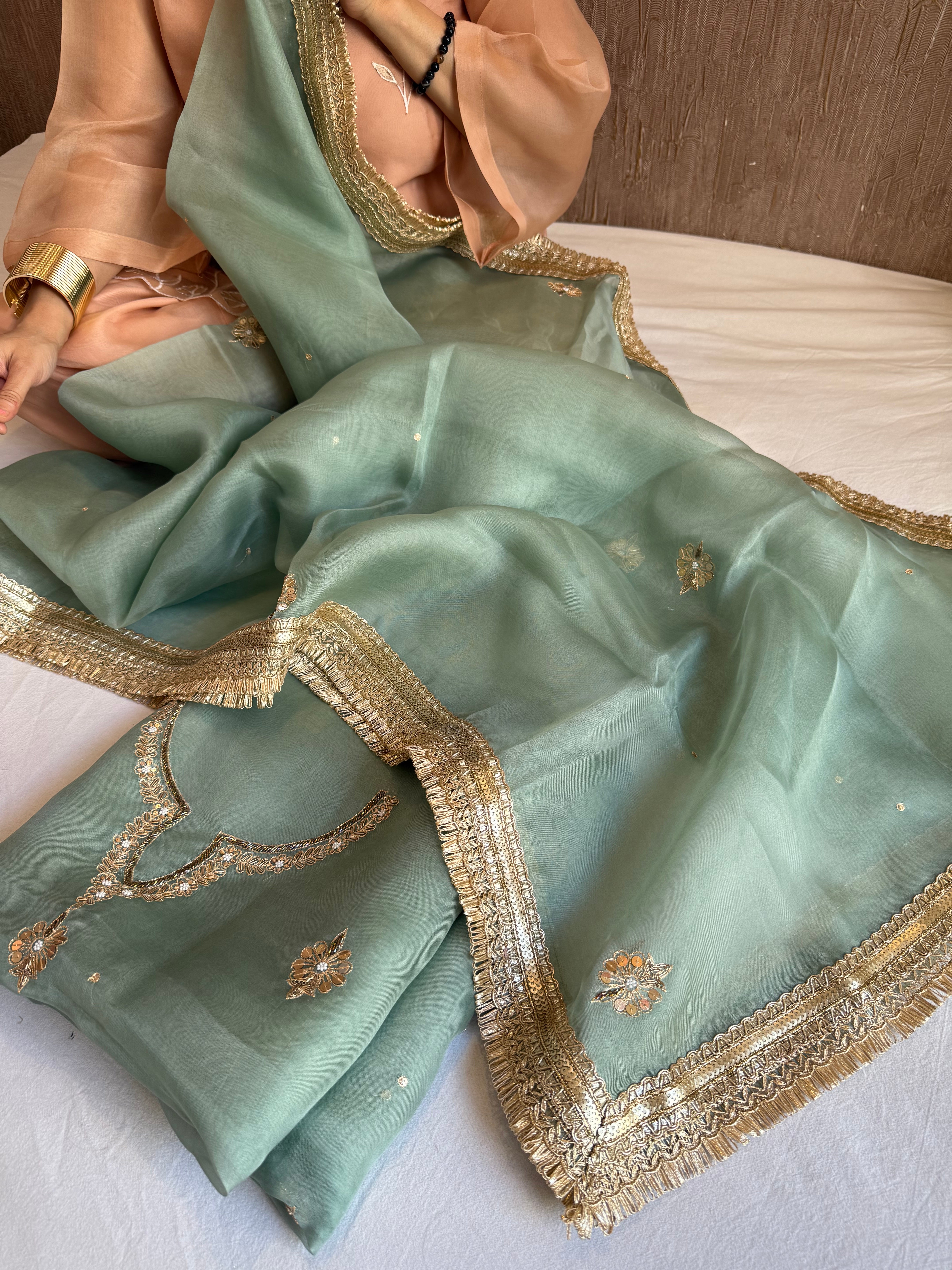 Aari and tilli hand embroidered kora silk teal green kadhwa suit set