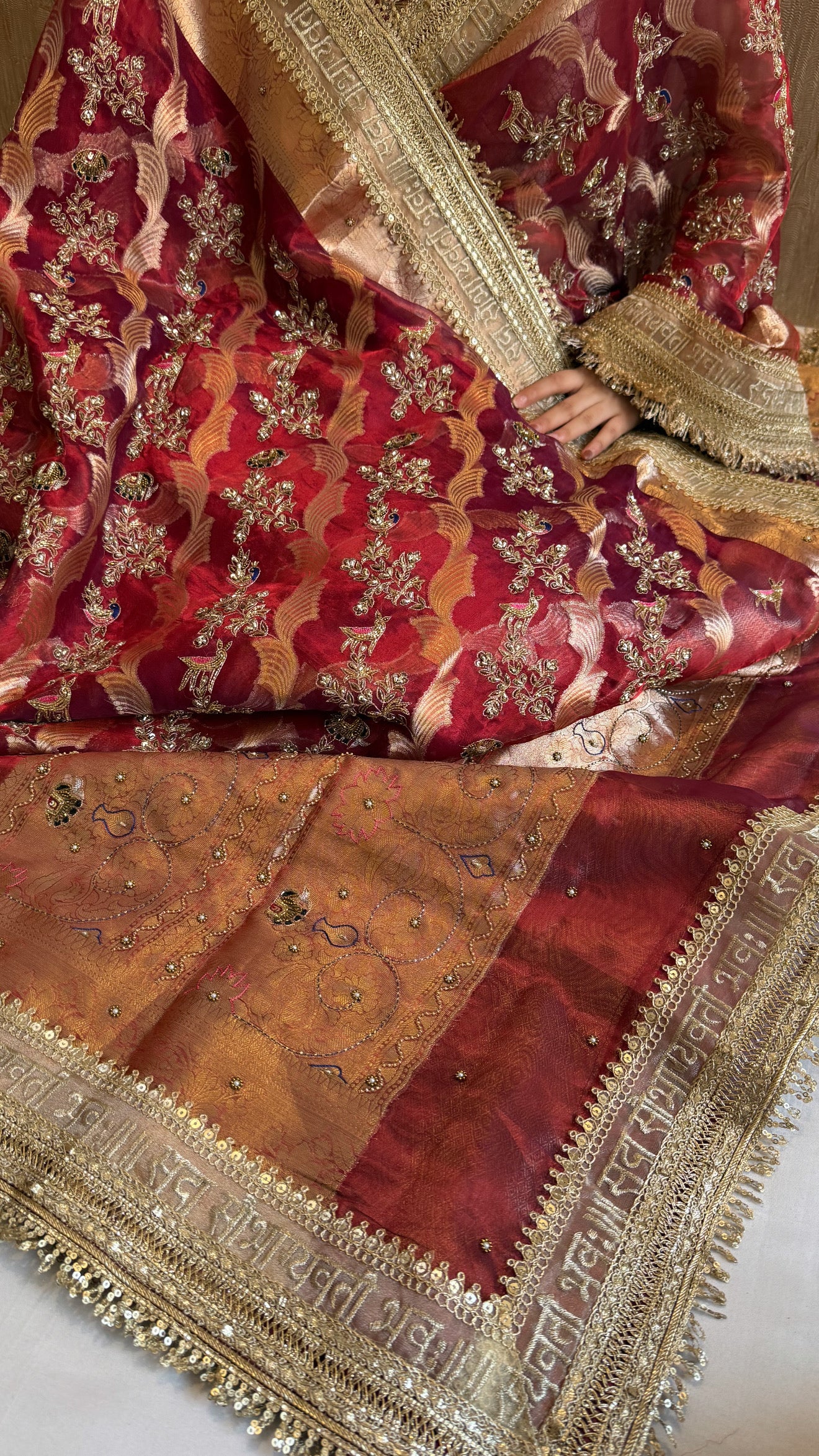 Nayi suhagan edit - Dhup chao blood red tissue silk shikargah zardozi and marodi work hand embroidered jaal work saree