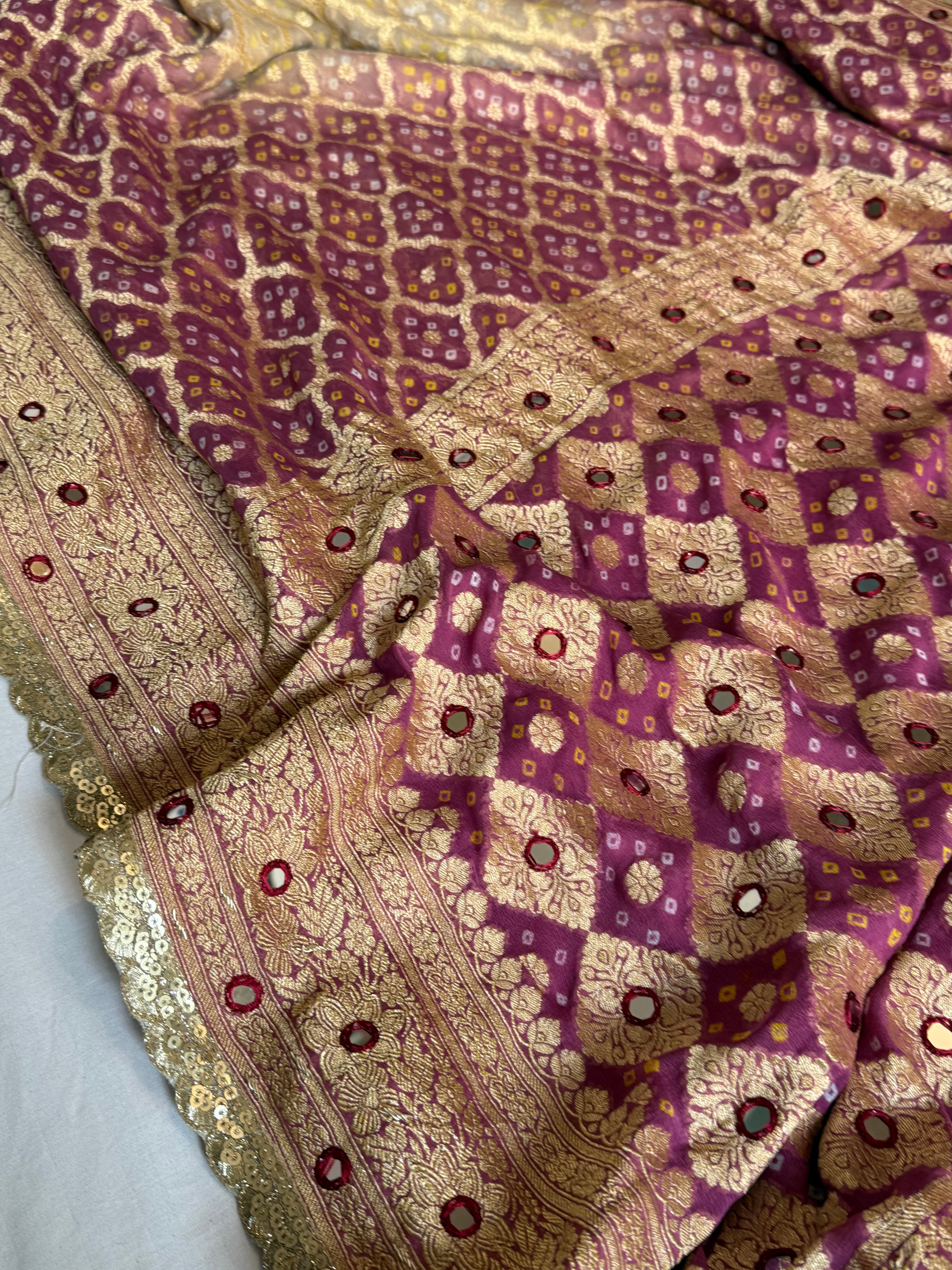 Lotus pink ombre shaded banarasi rai bandhej chiffon gorgette hand embroidered saree