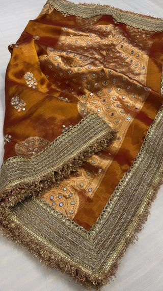 Dulhan wali saree - Glossy orange tissue silk mirror work hand embroidered saree