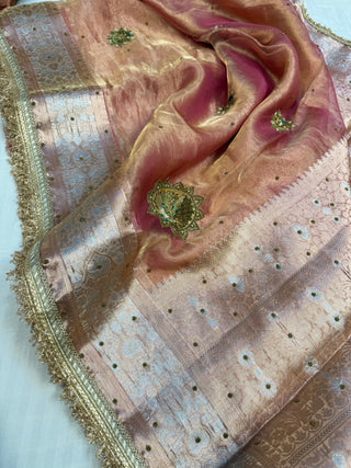 Cocktail wali saree - Peachy pink tissue silk heavy hand embroidered saree