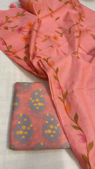Peachy pink mul cotton banarasi meenakari kadhwa suit set