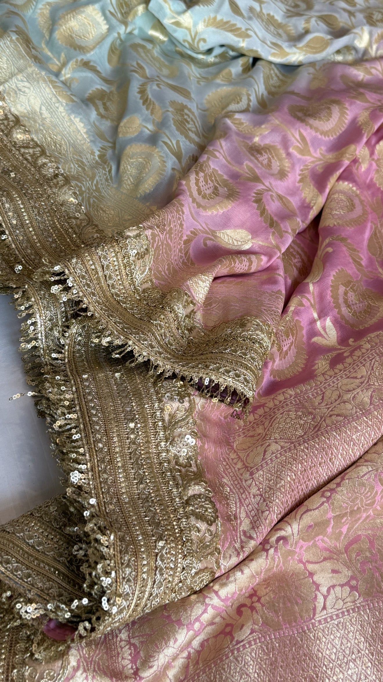 Gayatri devi inspired banarasi chiffon gorgette shaded kadhwa jaal sarees