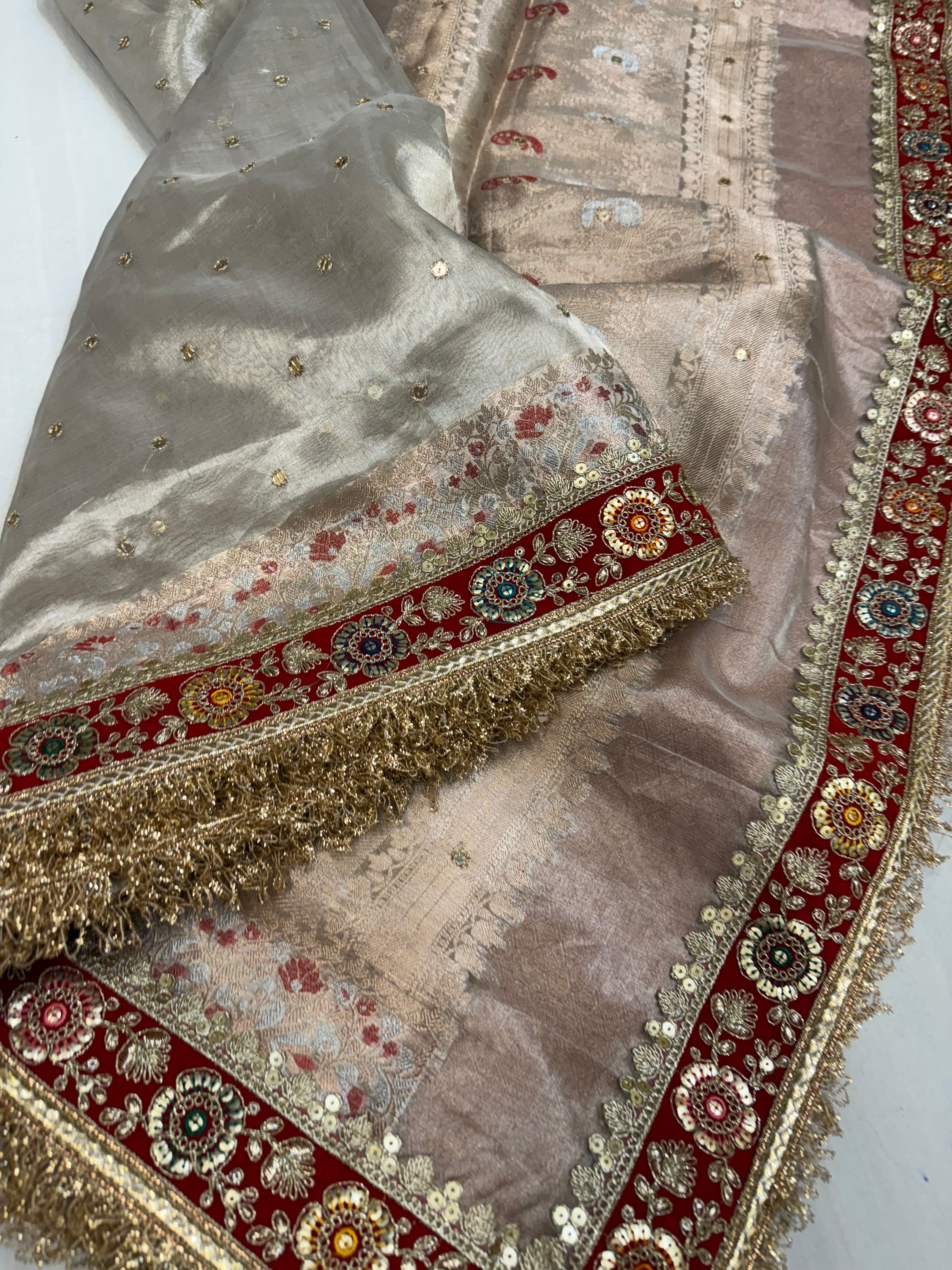 Diamond tissue silk chunri buti hand embroidered panetar saree