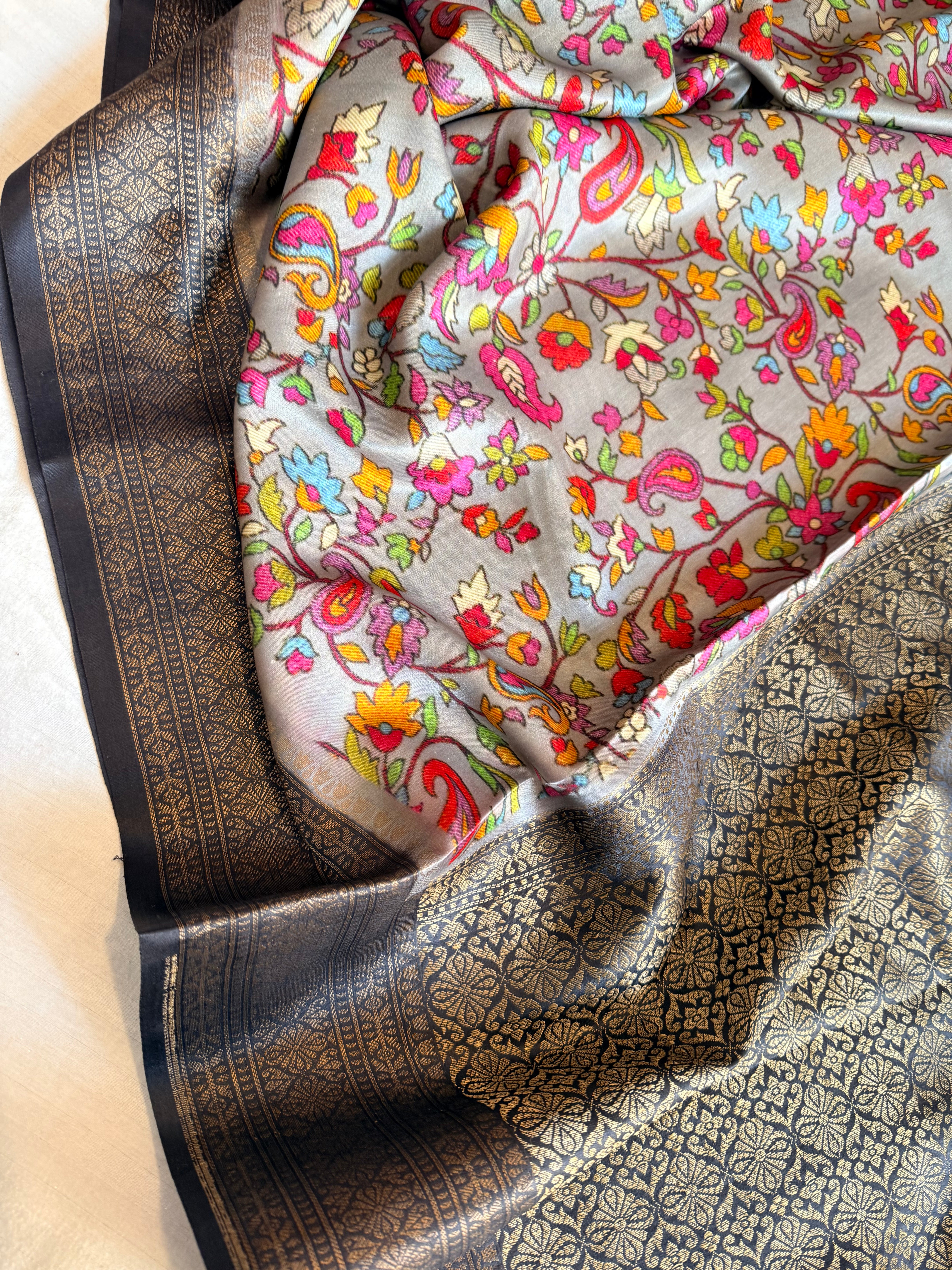 Banarasi mashru satin silk kani weaving printed saree