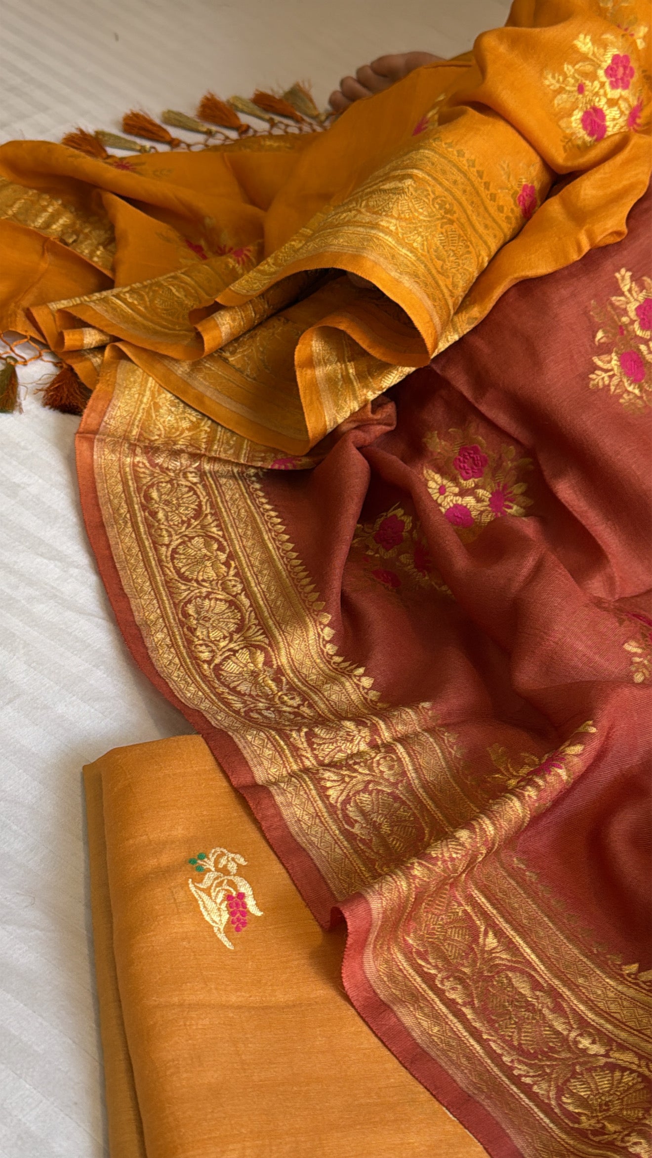 Rust orange ombre shaded moonga silk meenakari kadhwa suit set