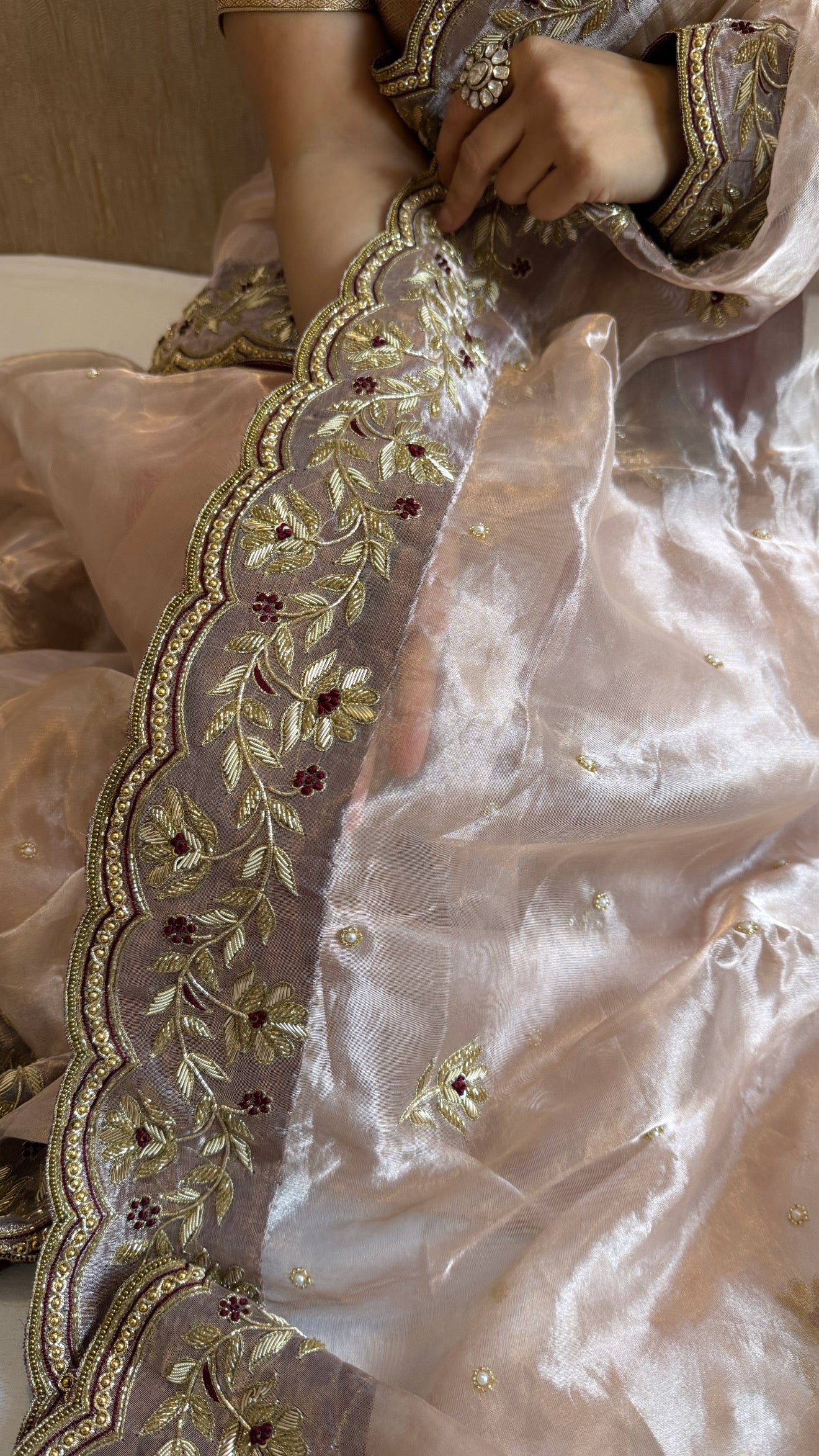 Diamond tissue silk floral kadhwa hand embroidered border