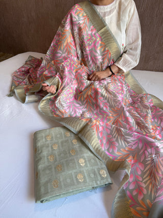 Pink-grey combination mul cotton kadhwa suit set
