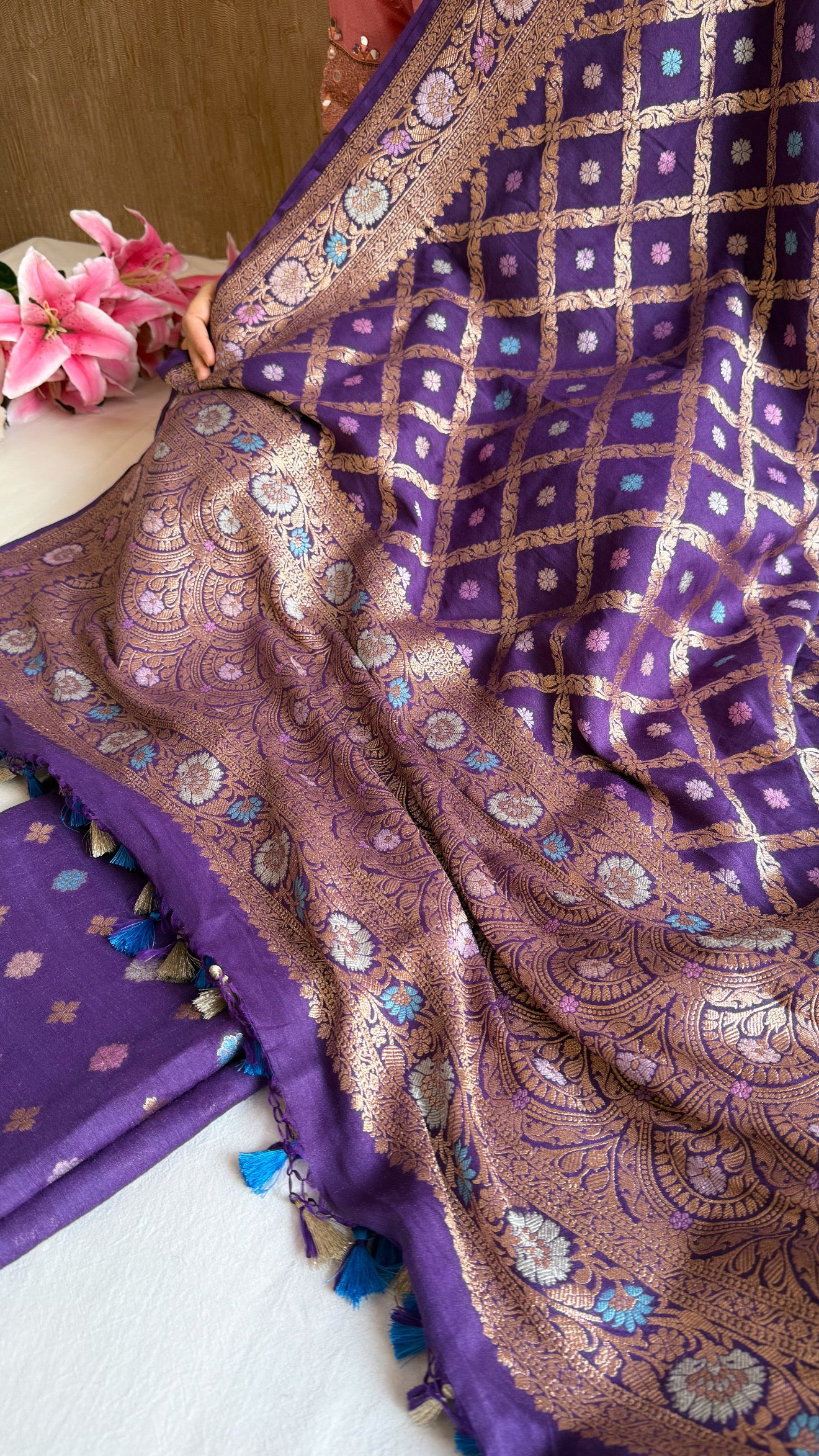 Moonga silk brinjal purple chaukadi duppata with meenakari kadhwa weaving