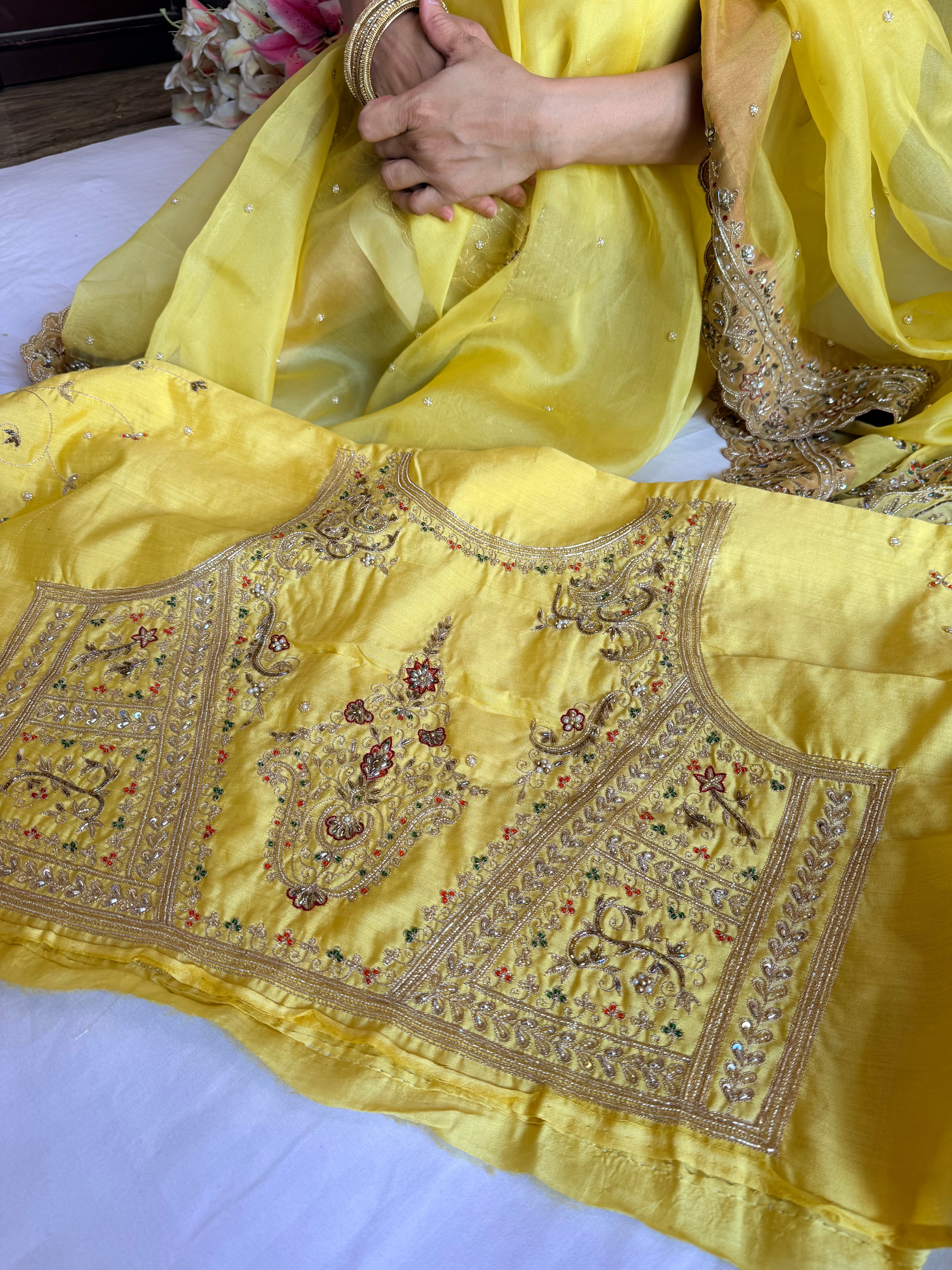 Mummy ki purani wali saree edit - Lemon yellow kora silk kadhwa hand embroidered saree