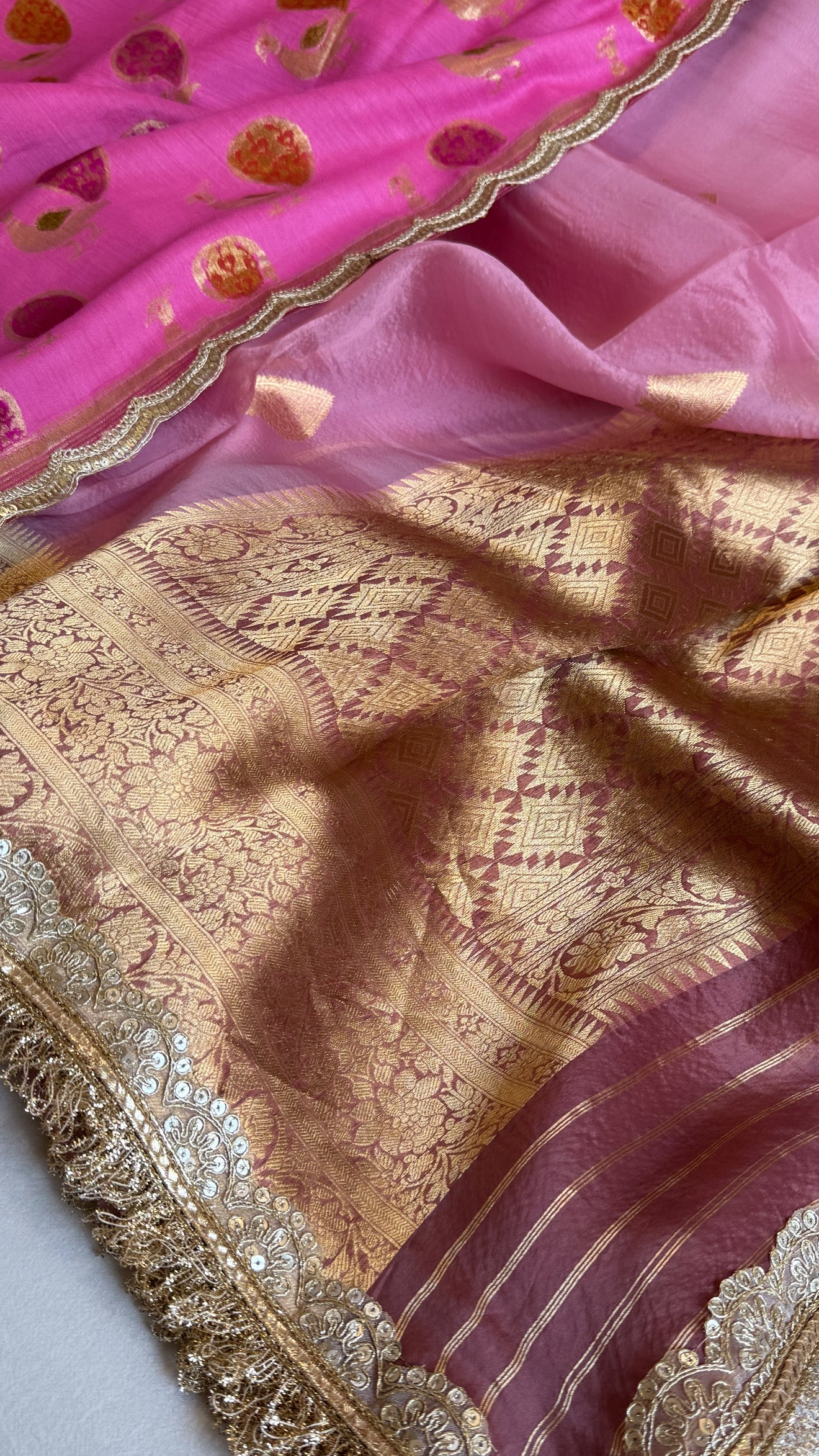 Kora silk chap dye contrast border kadhwa saree paired with moonga silk duppatas