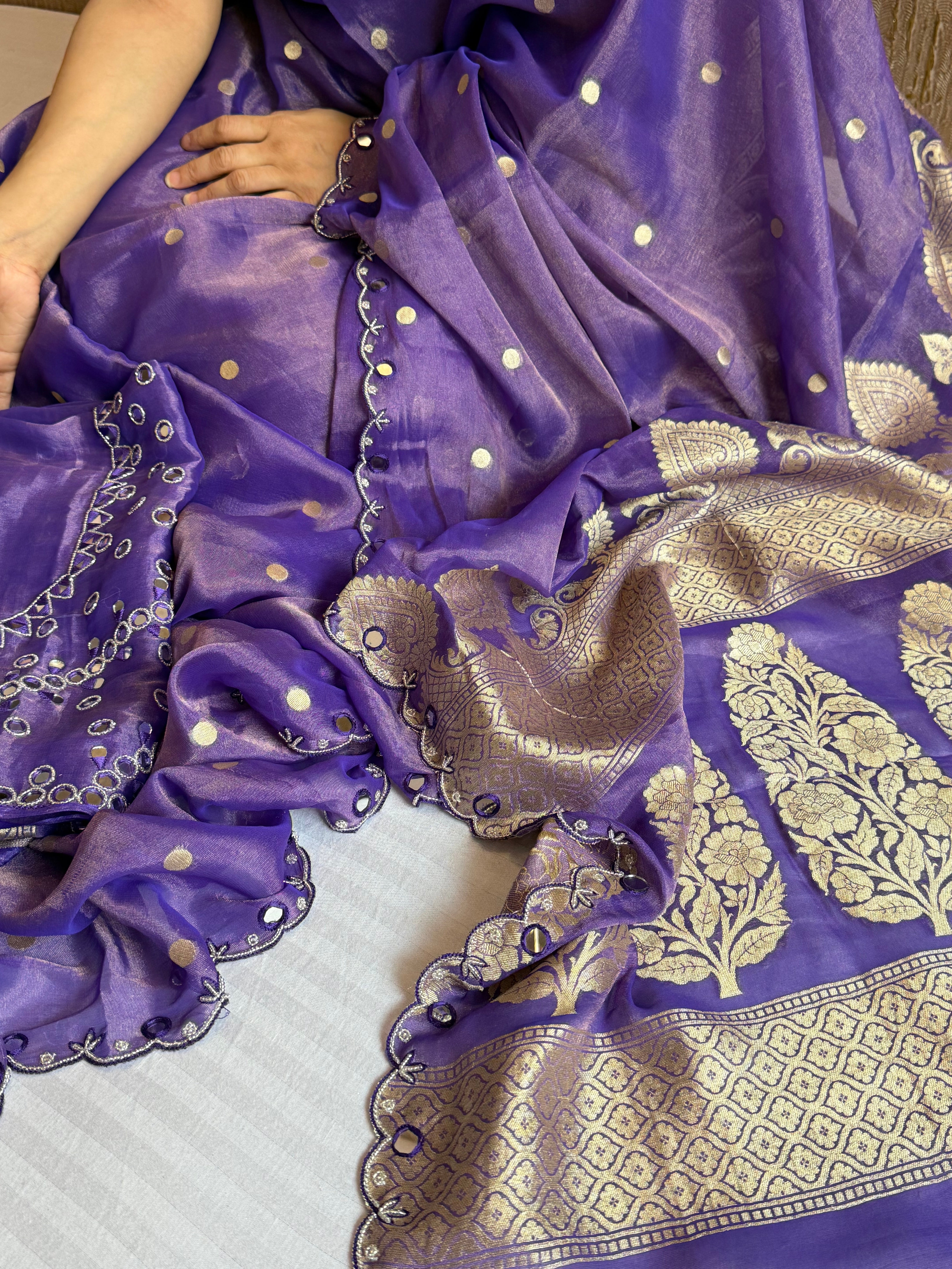 Deep purple tissue gorgette kadhwa mirror work hand embroidered saree