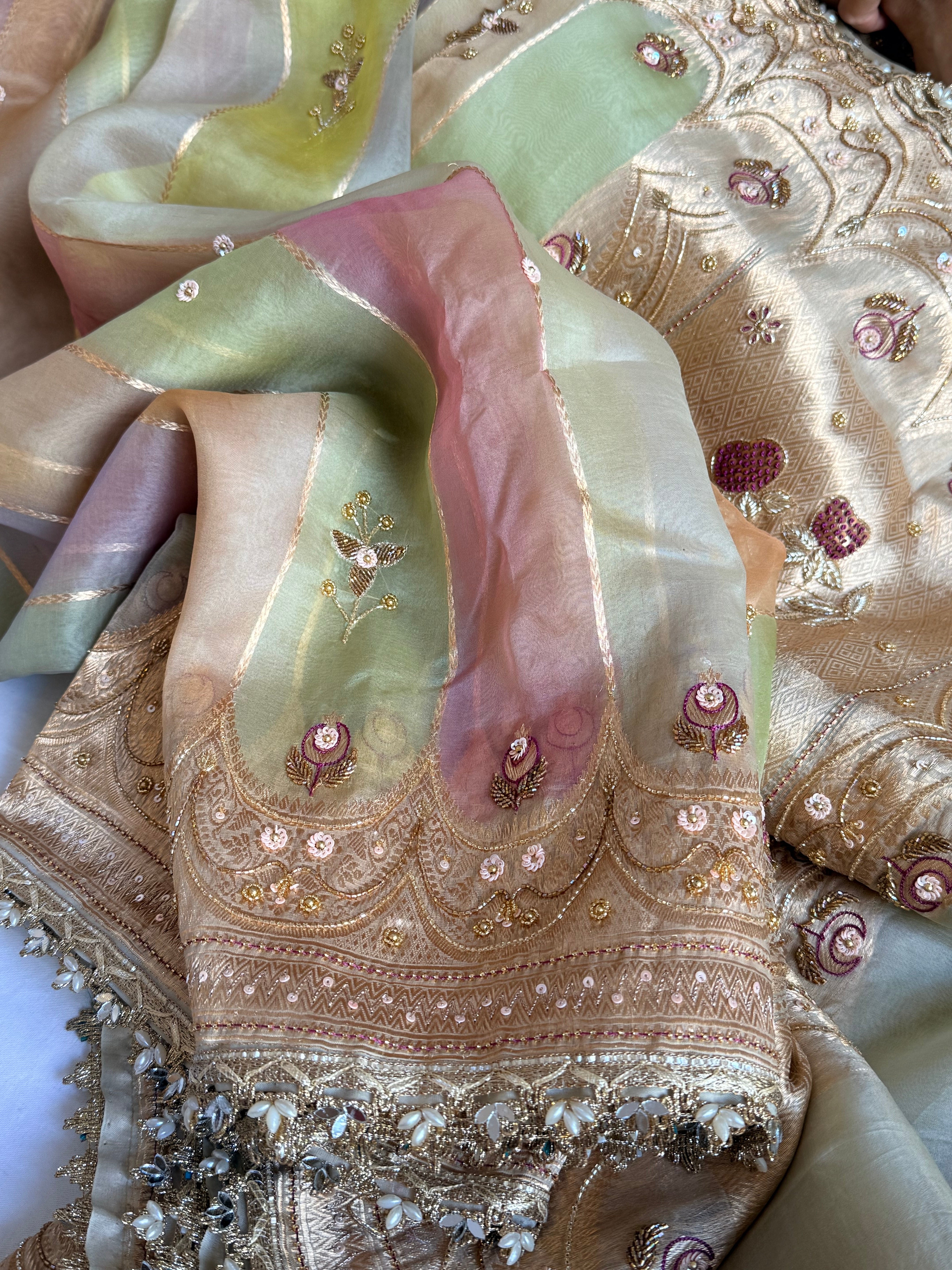 Rang birangi edit - striped kora silk hand embroidered rangkaat saree