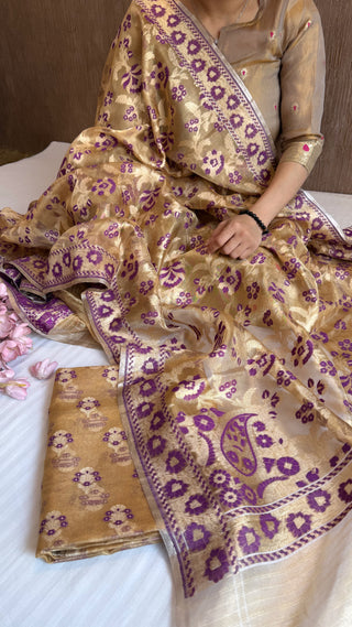 Iktara tissue silk purple meenakari tissue silk jamdani kadhwa suit set