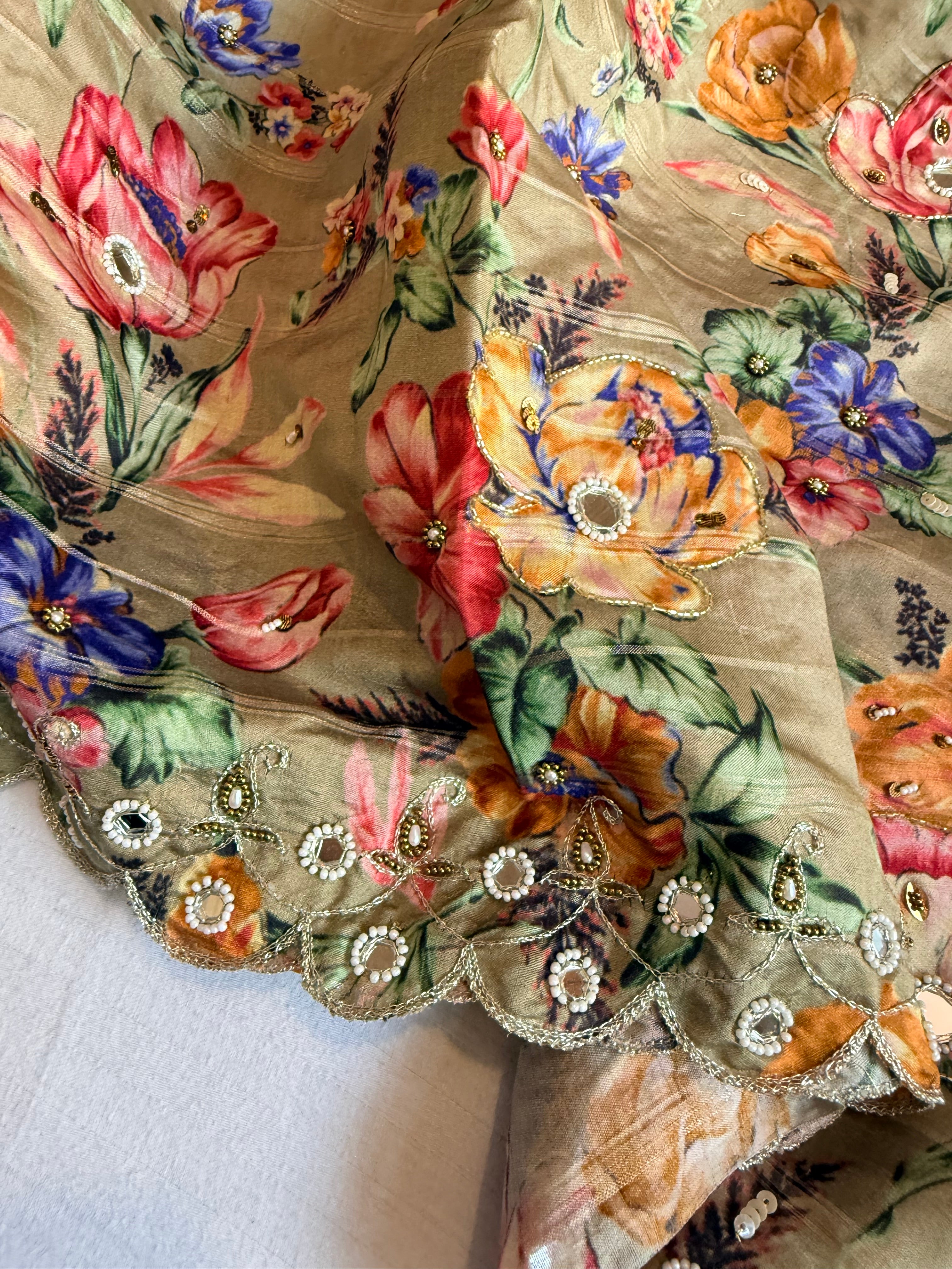 Printed moonga silk hand embroidered kadhwa gotapatti saree