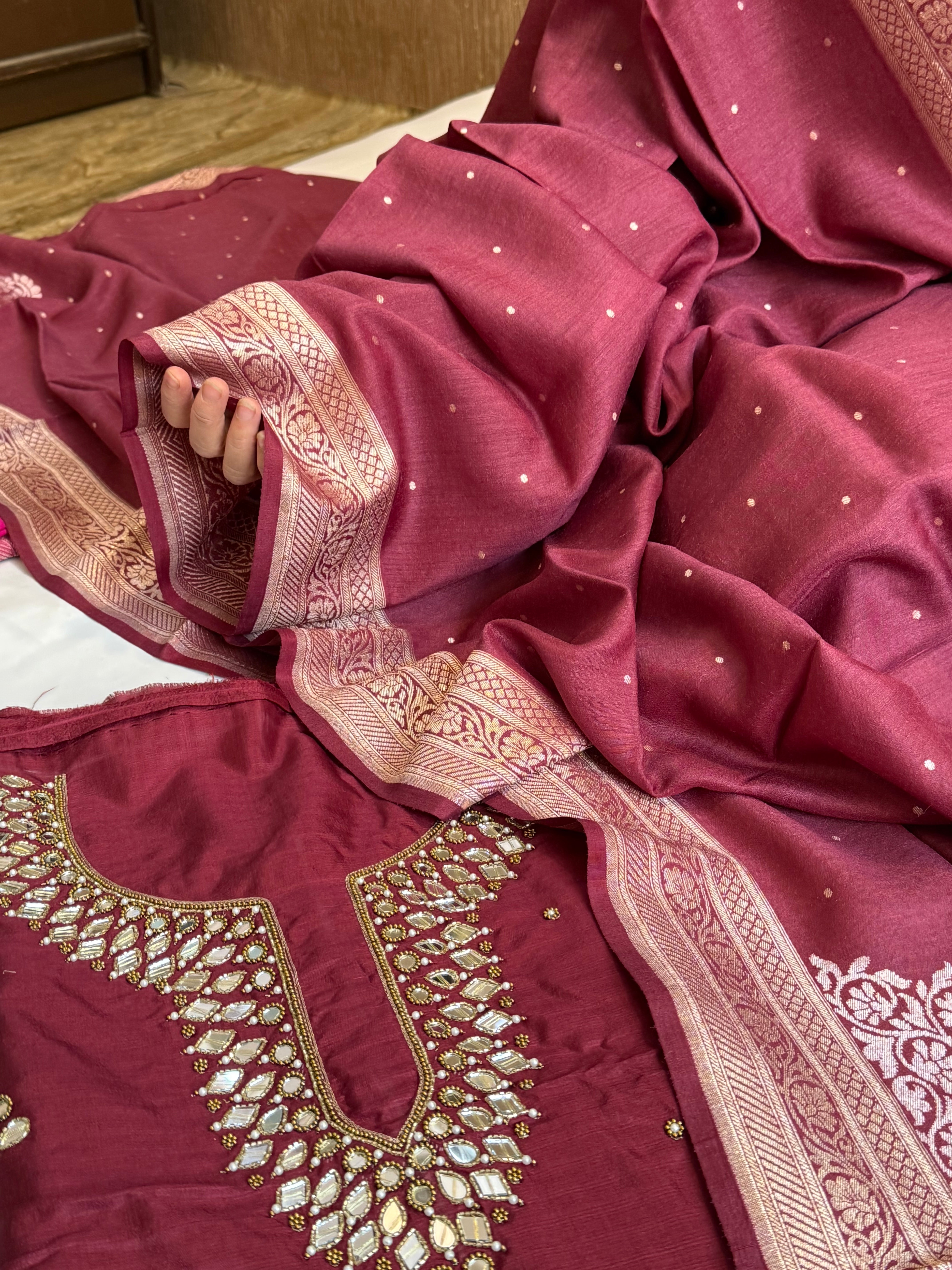 Sheesham maroon mirror work katan silk kadhwa hand embroidered suit set