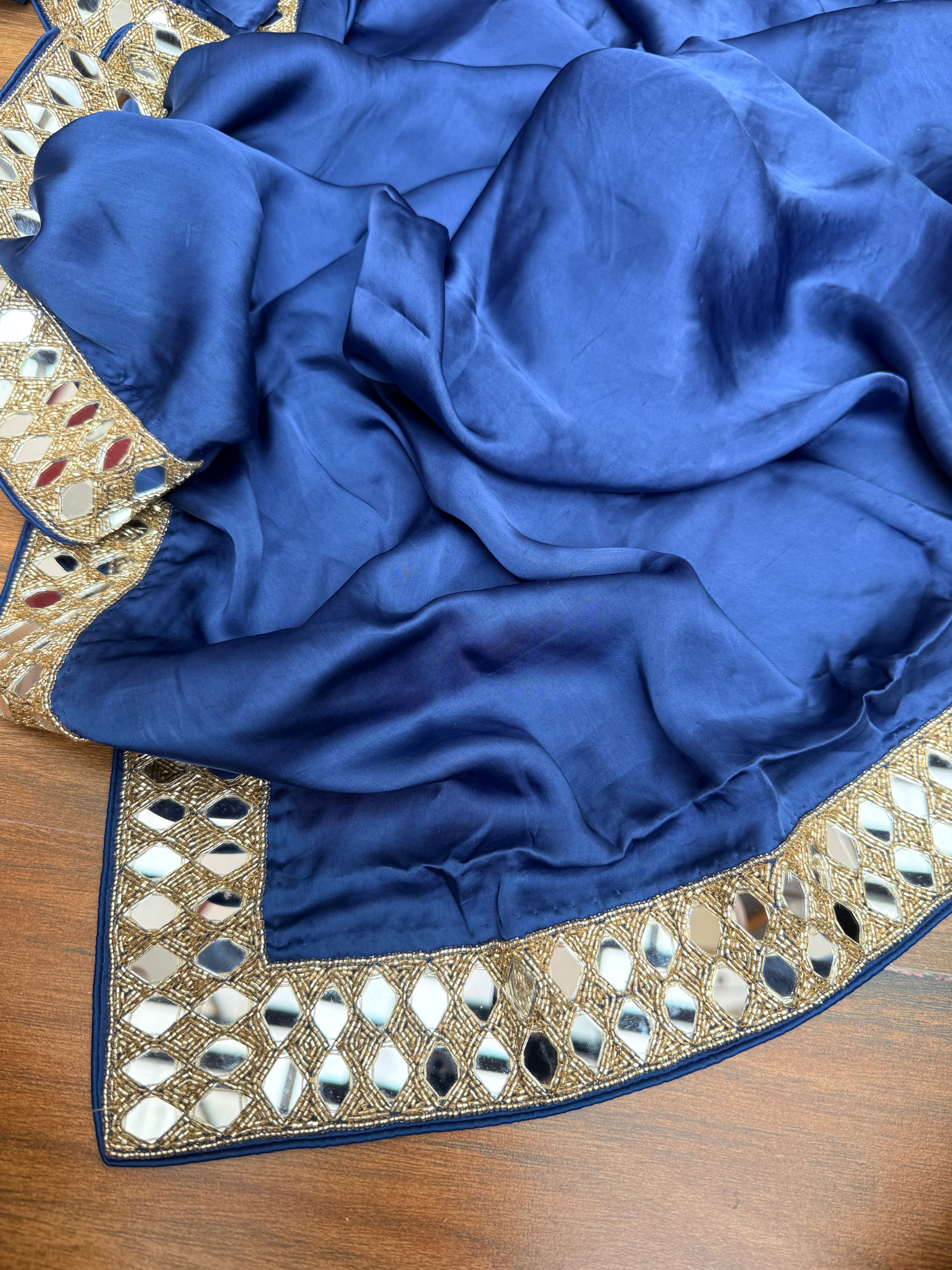 Tyohaar edit - Navy blue mashru satin silk mirrorwork kadhwa saree