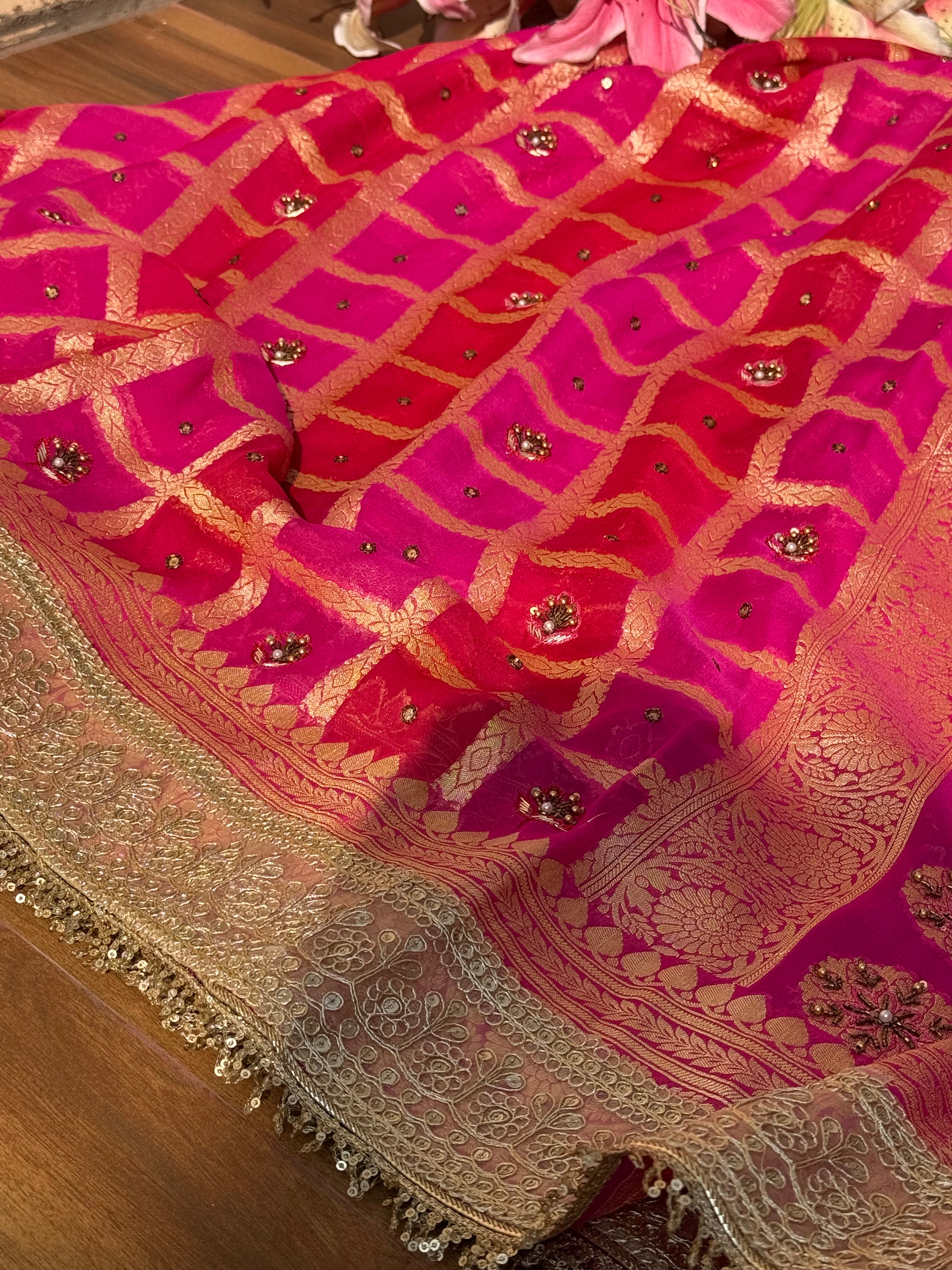 Grah pravesh wali saree - Red rani rangkaat hand embroidered chiffon gorgette kadhwa saree