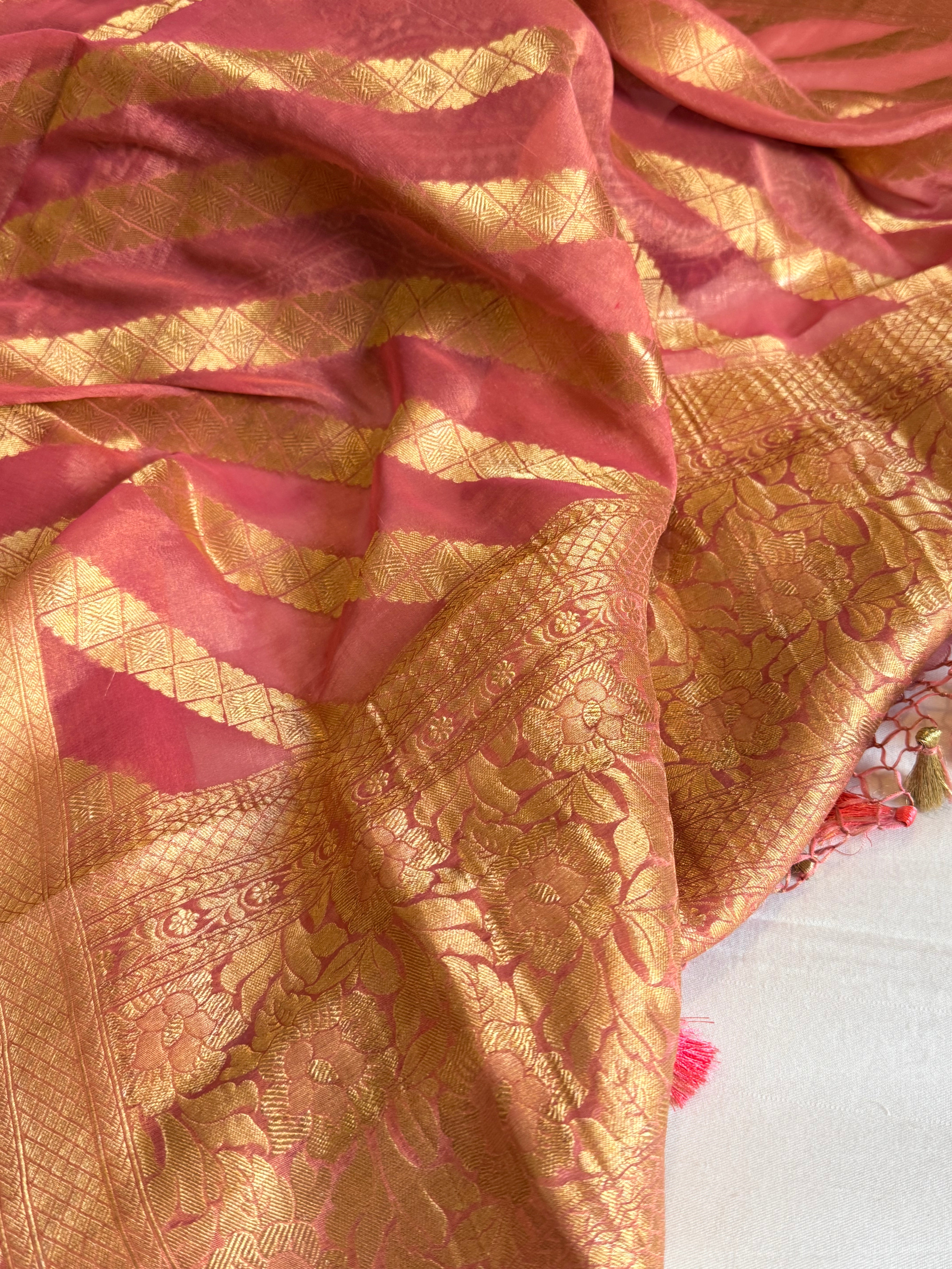 Cranberry pink tissue gorgette kadhwa banarasi suit set