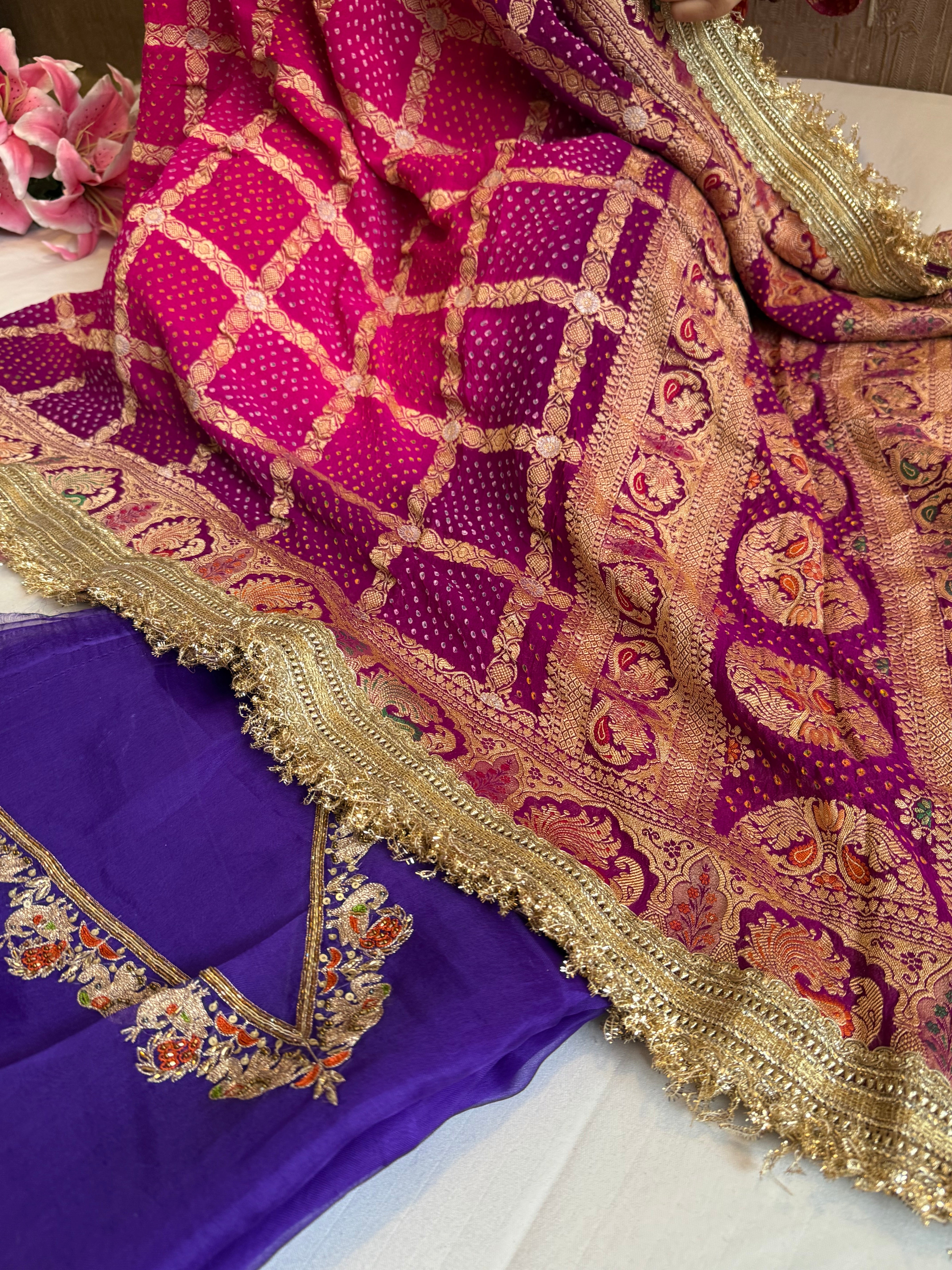 Rai bandhej gorgette kadhwa hand embroidered suit set