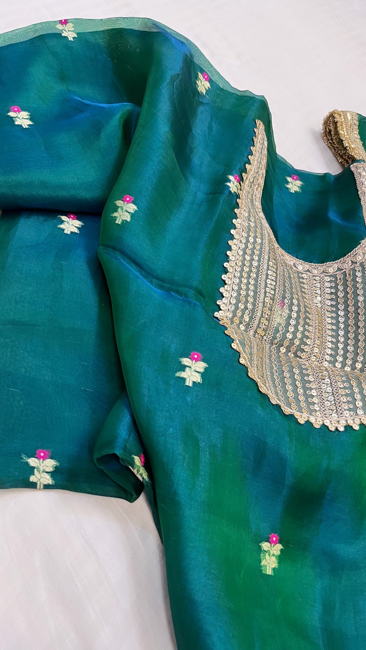Heeramandi peacock greenish-blue dhup chao effect tissue silk meenakari suit set