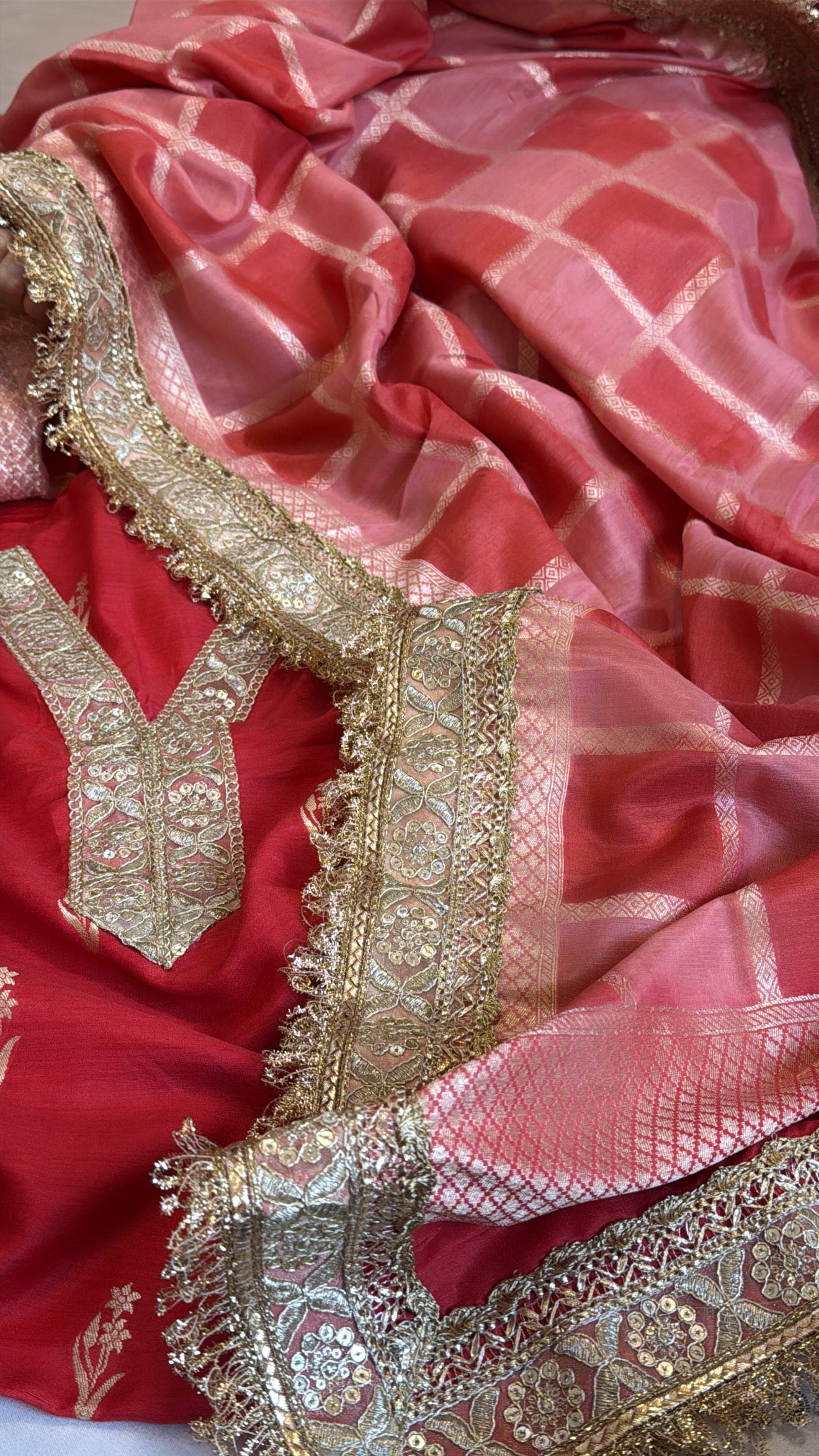 Cherry red rangkaat dye chaukadi weaving silk kadhwa suit set